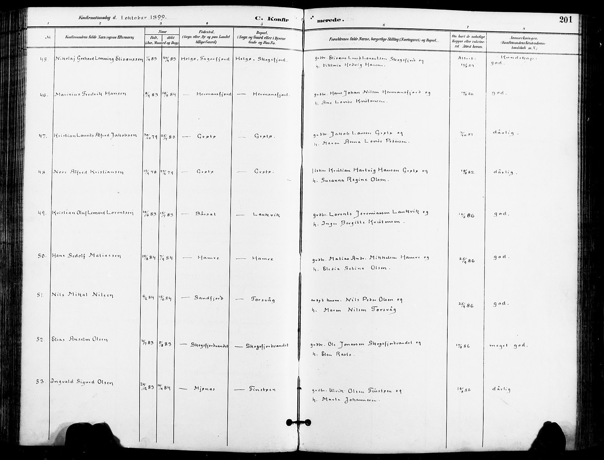 Karlsøy sokneprestembete, AV/SATØ-S-1299/H/Ha/Haa/L0007kirke: Ministerialbok nr. 7, 1891-1902, s. 201