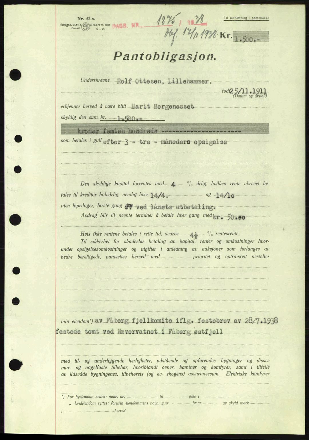 Sør-Gudbrandsdal tingrett, SAH/TING-004/H/Hb/Hbe/L0001: Pantebok nr. B1, 1936-1939, Dagboknr: 1875/1938