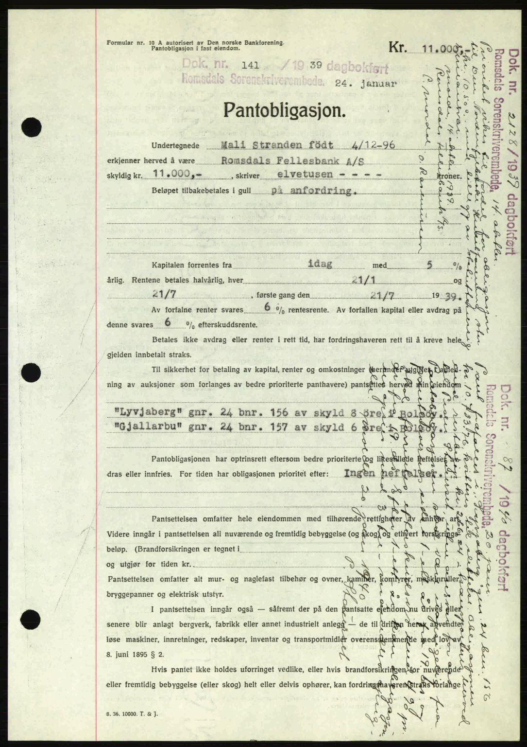 Romsdal sorenskriveri, SAT/A-4149/1/2/2C: Pantebok nr. B1, 1936-1939, Dagboknr: 141/1939
