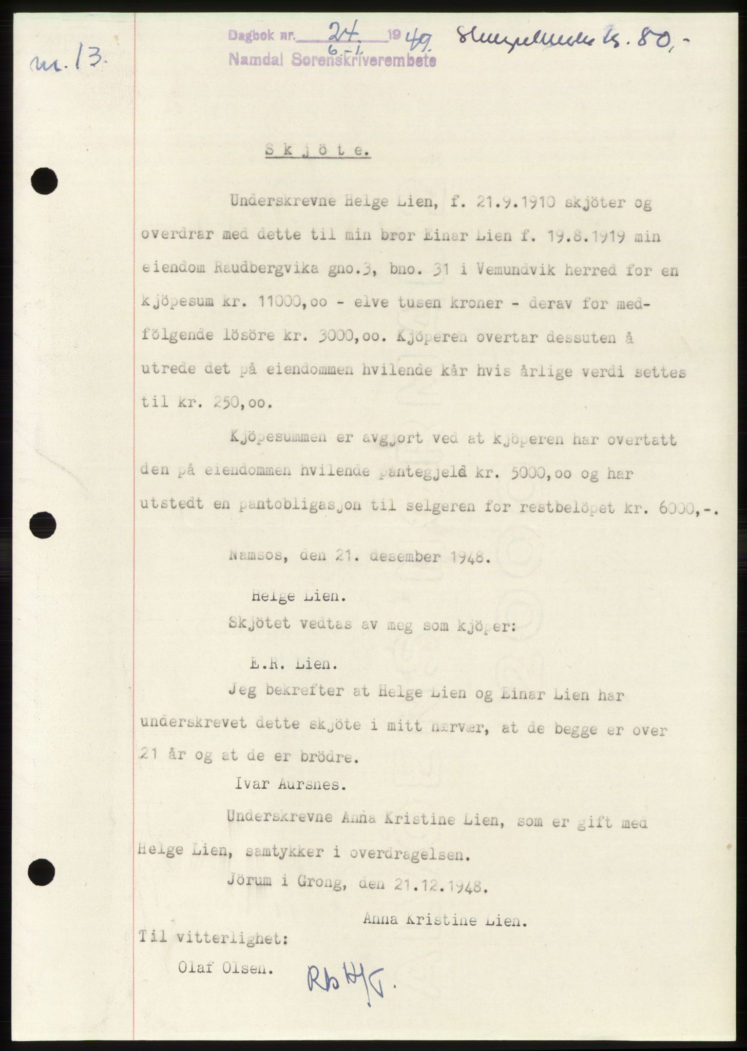 Namdal sorenskriveri, SAT/A-4133/1/2/2C: Pantebok nr. -, 1949-1949, Dagboknr: 24/1949