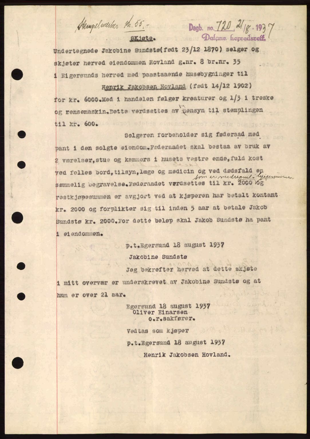 Dalane sorenskriveri, SAST/A-100309/02/G/Gb/L0041: Pantebok nr. A2, 1936-1937, Dagboknr: 720/1937