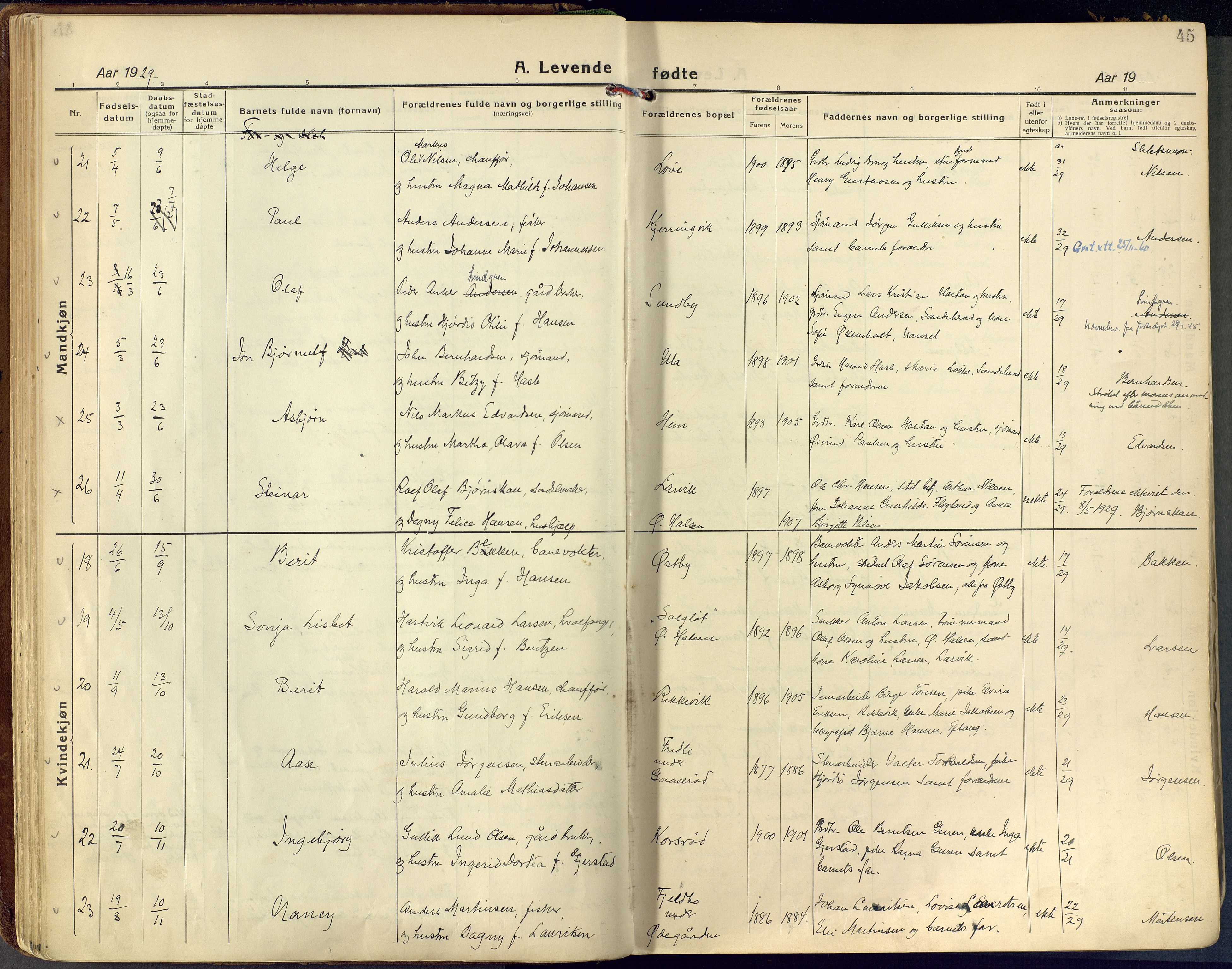 Tjølling kirkebøker, AV/SAKO-A-60/F/Fa/L0011: Ministerialbok nr. 11, 1924-1943, s. 45