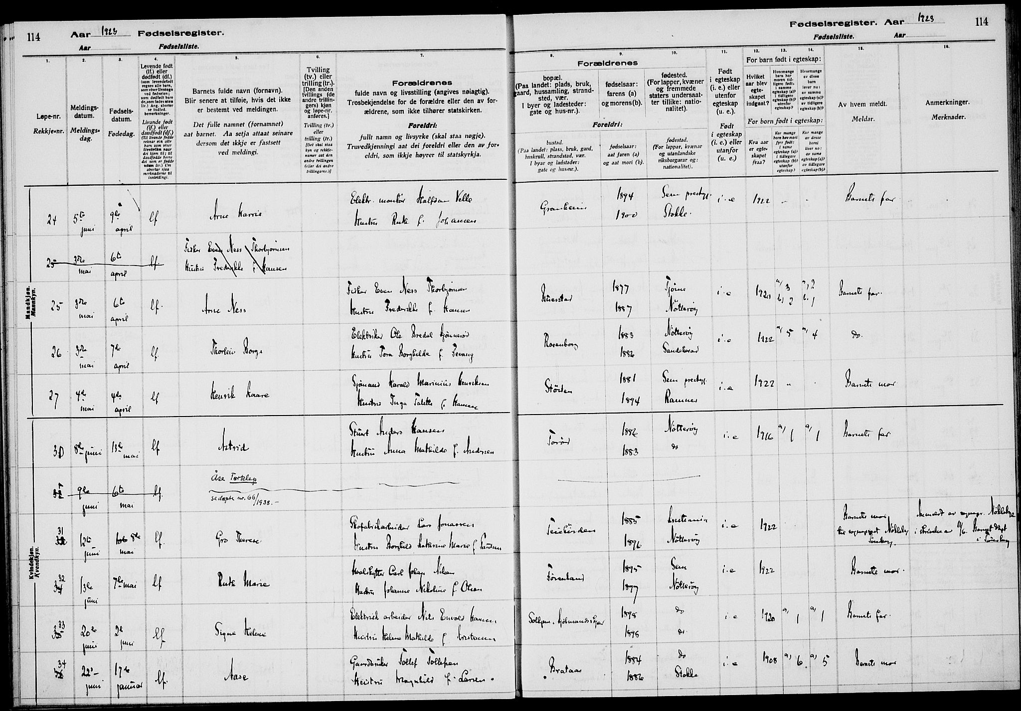 Nøtterøy kirkebøker, AV/SAKO-A-354/J/Ja/L0001: Fødselsregister nr. 1, 1916-1928, s. 114