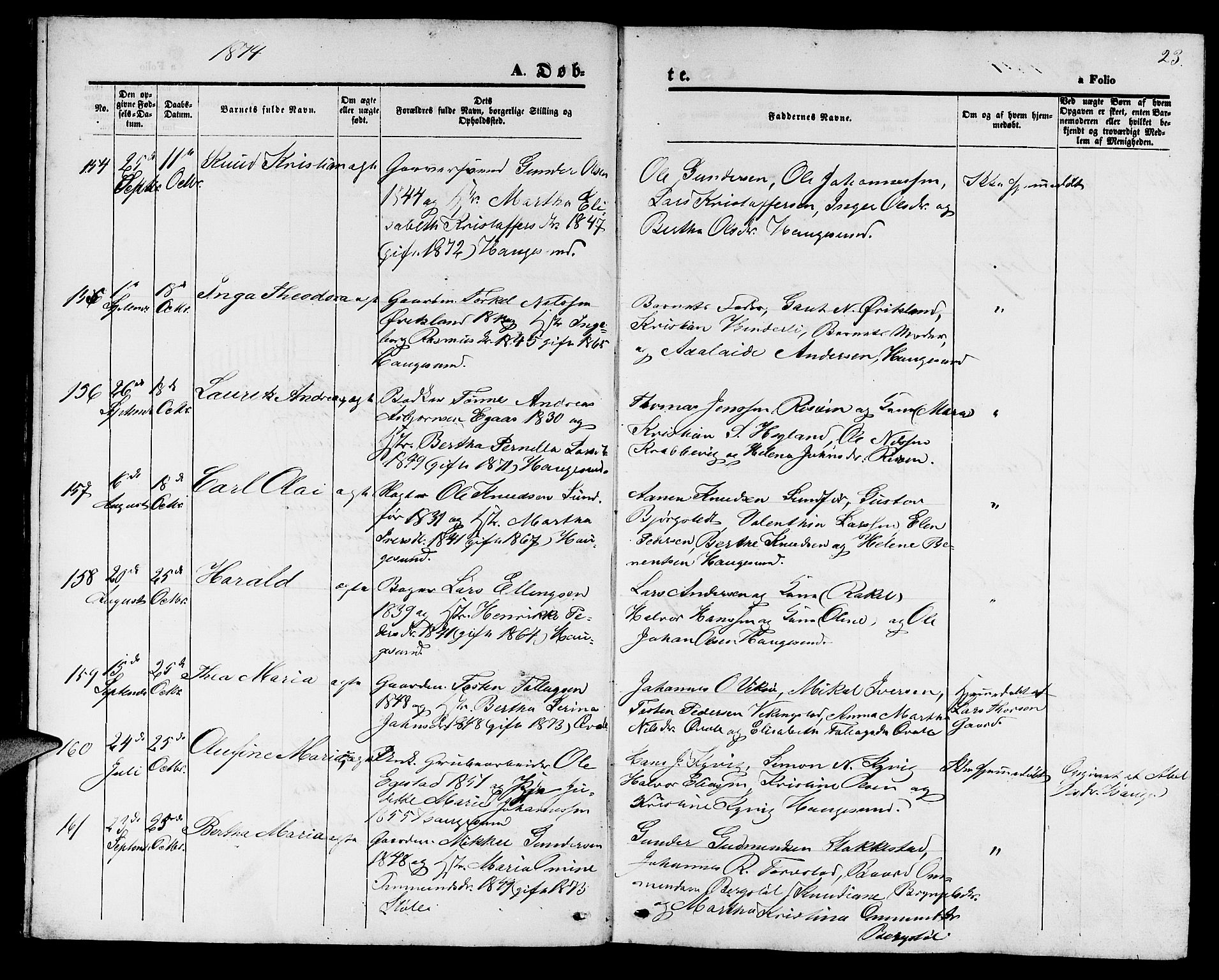 Haugesund sokneprestkontor, AV/SAST-A -101863/H/Ha/Hab/L0001: Klokkerbok nr. B 1, 1873-1881, s. 23