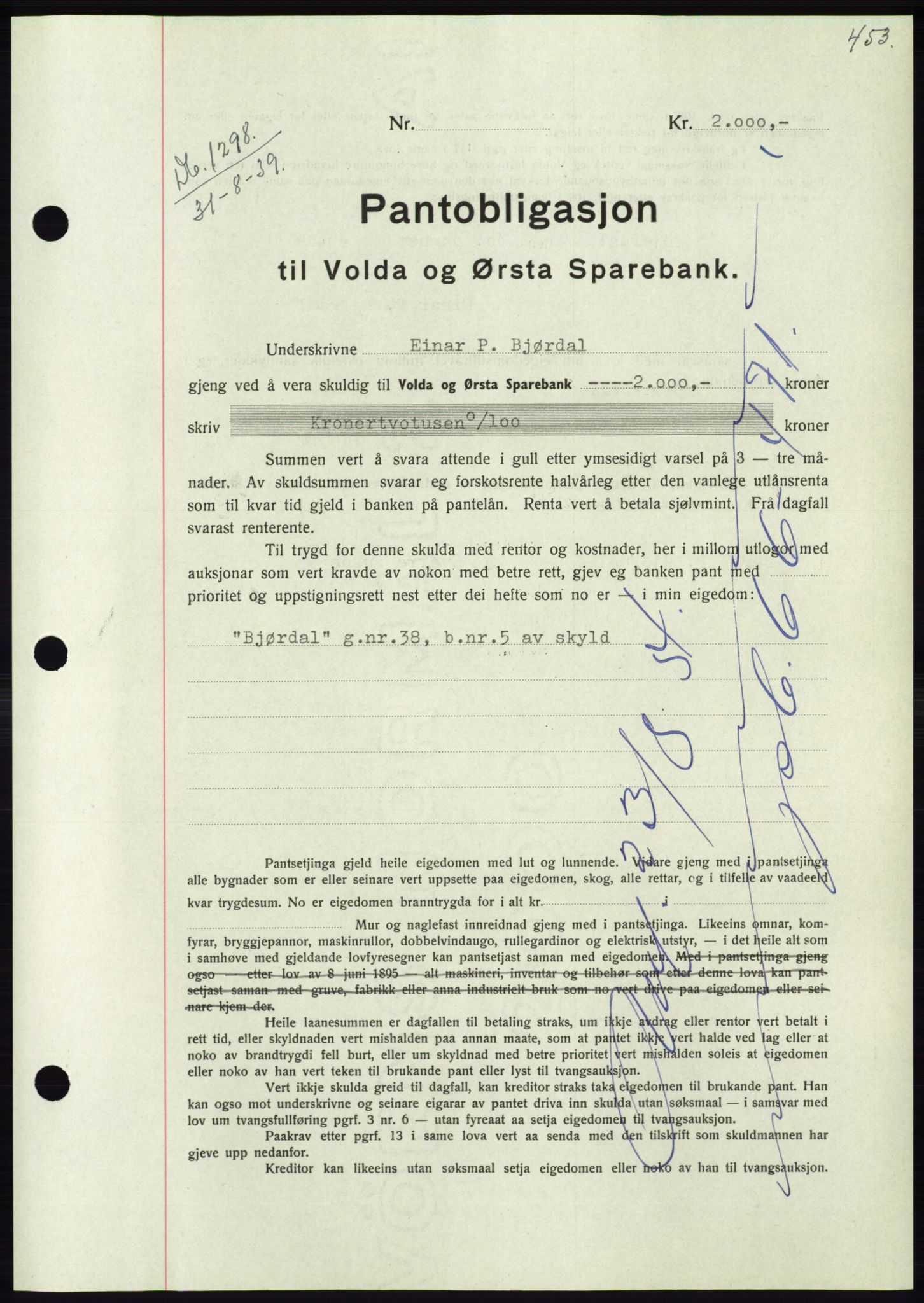 Søre Sunnmøre sorenskriveri, AV/SAT-A-4122/1/2/2C/L0068: Pantebok nr. 62, 1939-1939, Dagboknr: 1298/1939