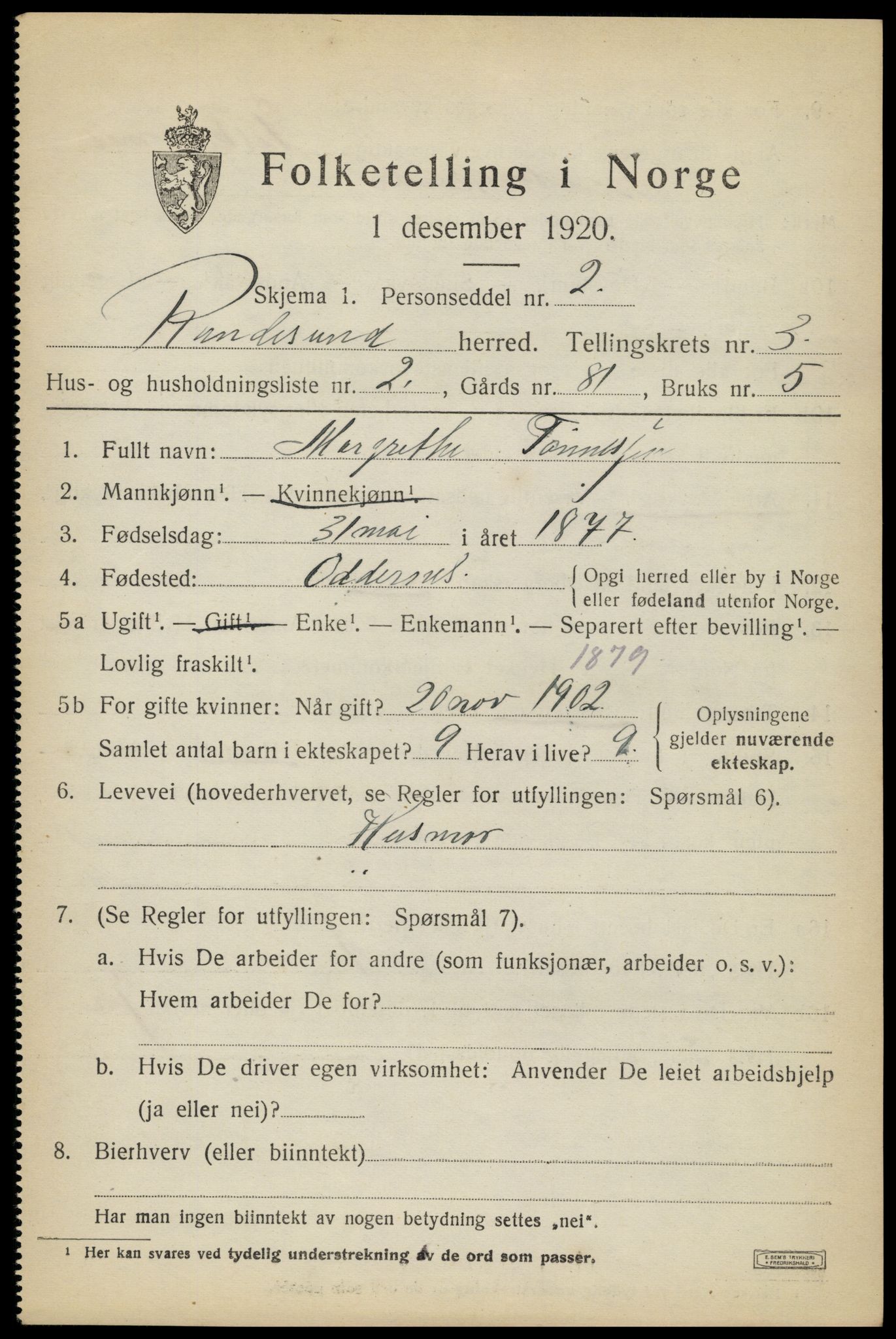 SAK, Folketelling 1920 for 1011 Randesund herred, 1920, s. 1468