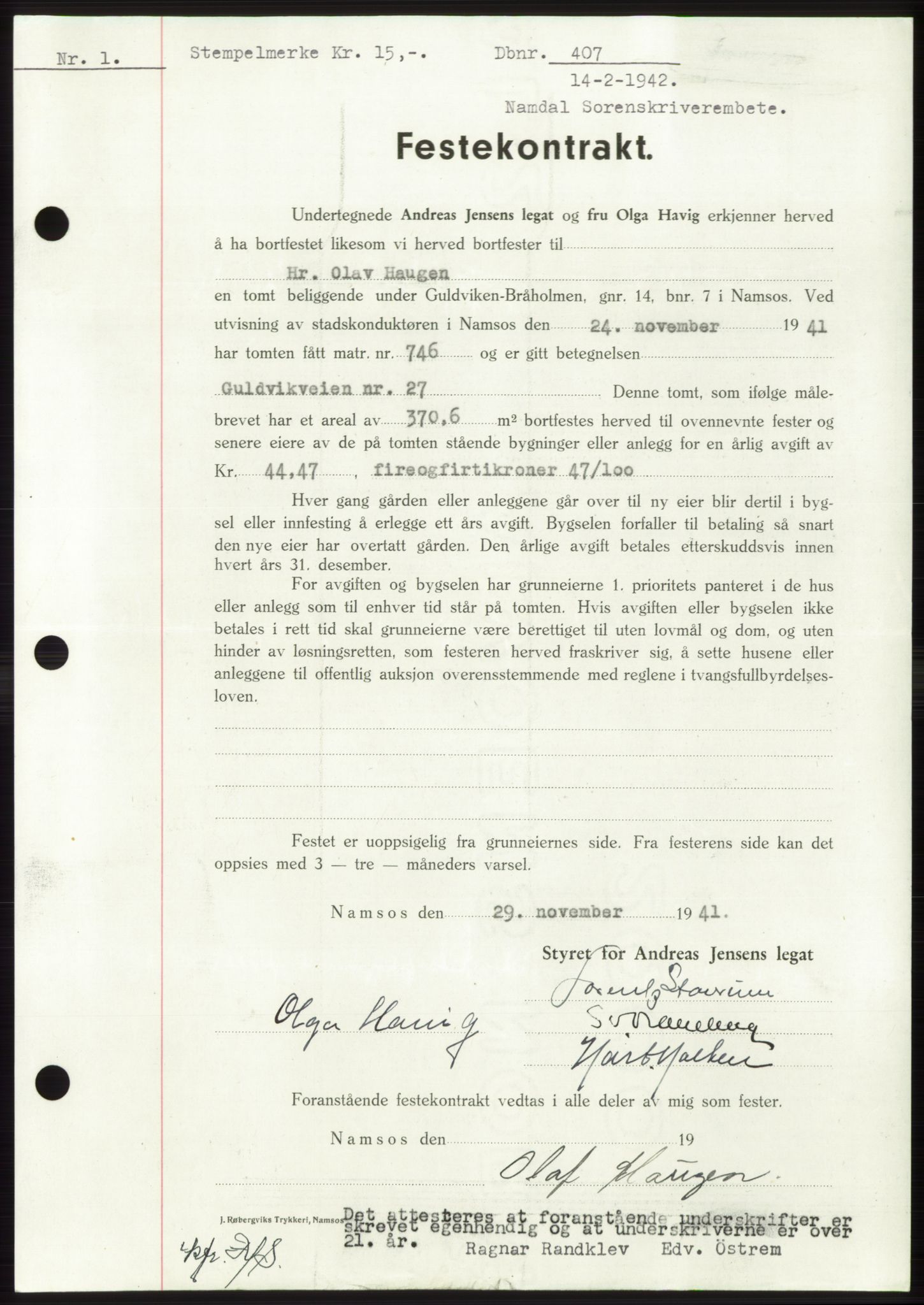 Namdal sorenskriveri, SAT/A-4133/1/2/2C: Pantebok nr. -, 1941-1942, Dagboknr: 407/1942