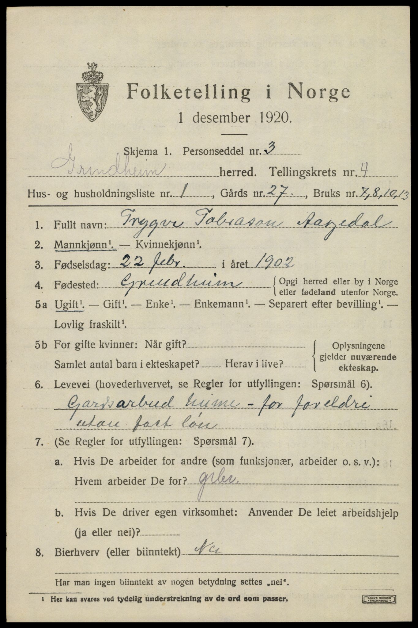 SAK, Folketelling 1920 for 1025 Grindheim herred, 1920, s. 1409