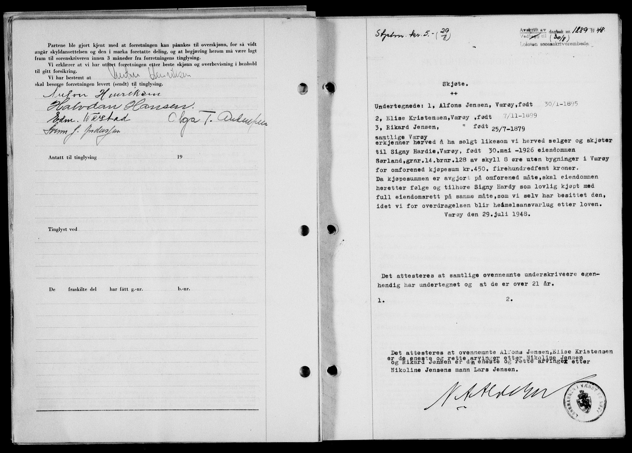 Lofoten sorenskriveri, SAT/A-0017/1/2/2C/L0019a: Pantebok nr. 19a, 1948-1948, Dagboknr: 1889/1948