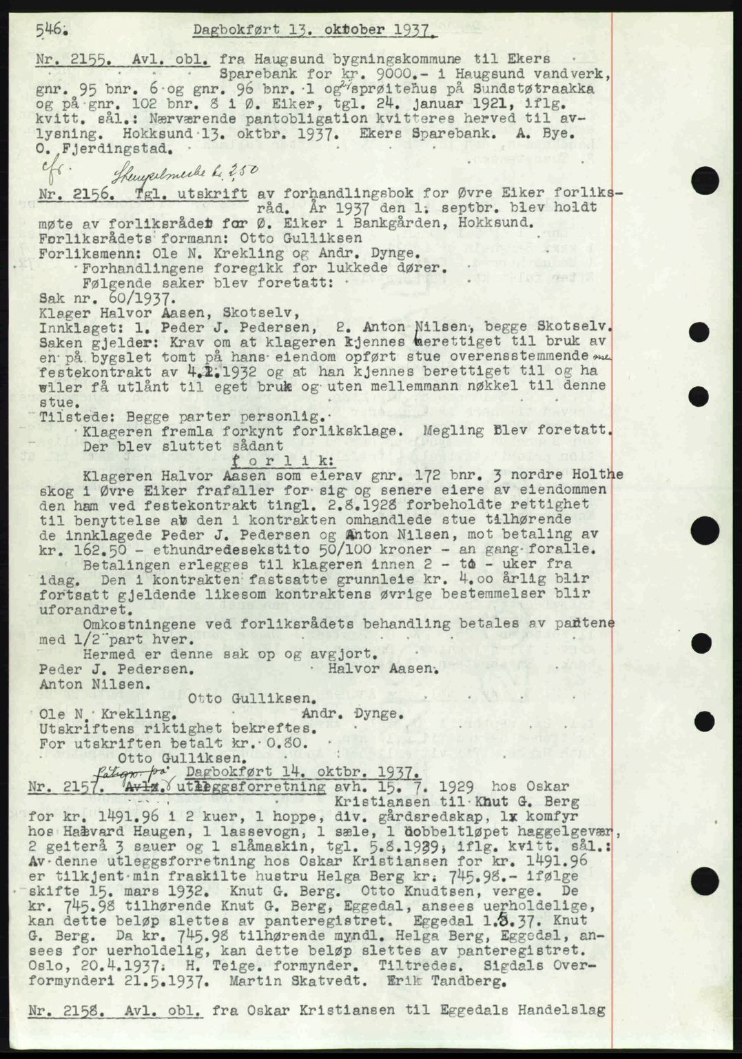 Eiker, Modum og Sigdal sorenskriveri, SAKO/A-123/G/Ga/Gab/L0036: Pantebok nr. A6, 1937-1937, Dagboknr: 2155/1937