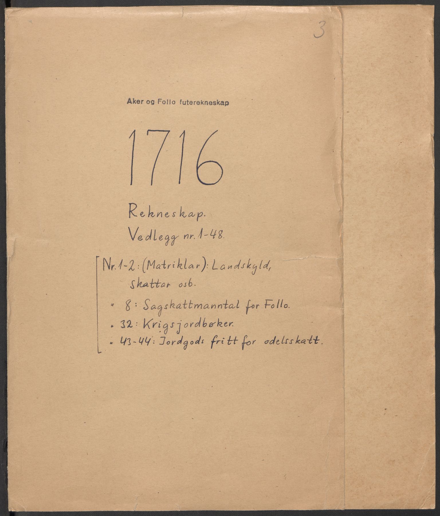 Rentekammeret inntil 1814, Reviderte regnskaper, Fogderegnskap, RA/EA-4092/R10/L0454: Fogderegnskap Aker og Follo, 1716, s. 2
