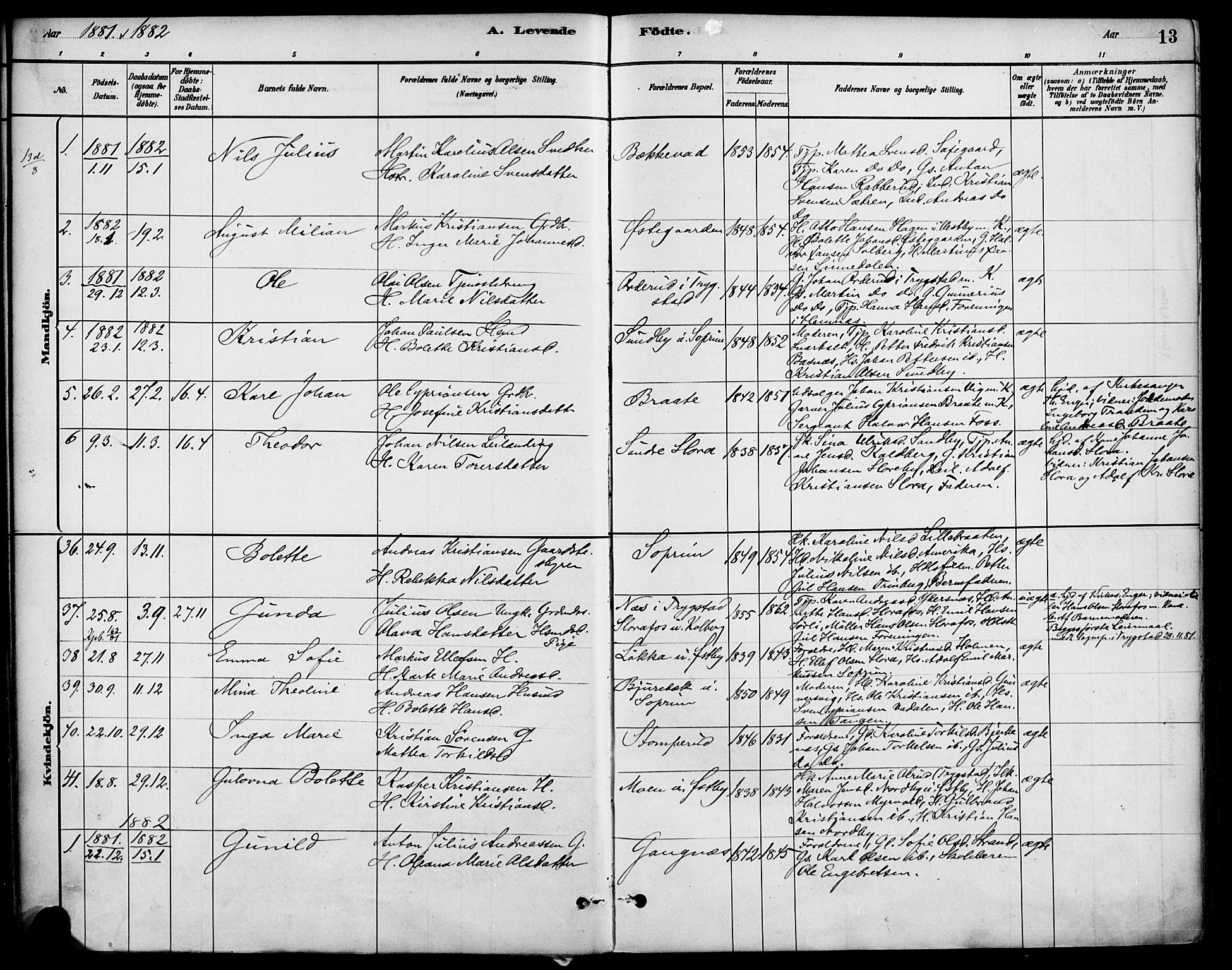 Høland prestekontor Kirkebøker, AV/SAO-A-10346a/F/Fb/L0001: Ministerialbok nr. II 1, 1880-1897, s. 13