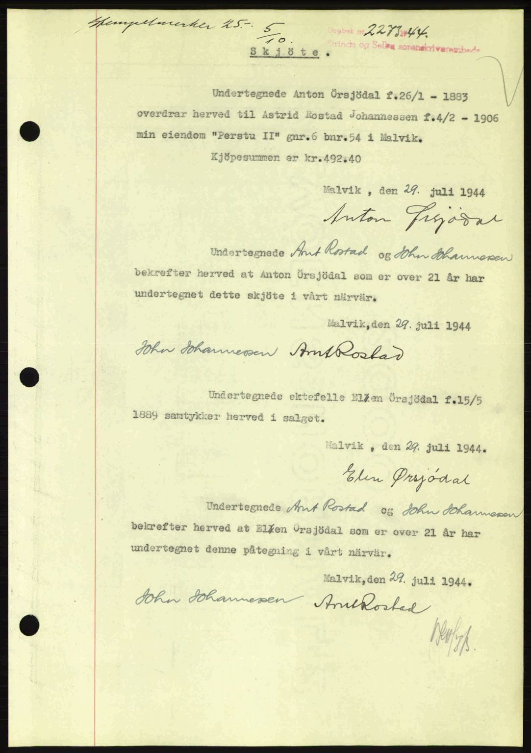 Strinda og Selbu sorenskriveri, SAT/A-0015/2/2C: Pantebok nr. A9, 1944-1945, Dagboknr: 2273/1944