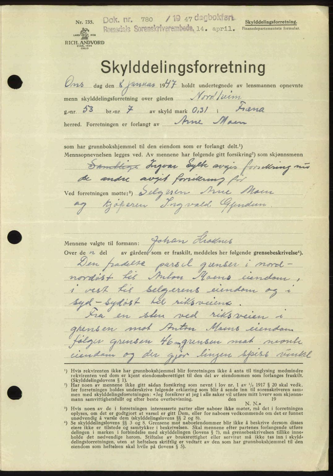 Romsdal sorenskriveri, SAT/A-4149/1/2/2C: Pantebok nr. A22, 1947-1947, Dagboknr: 780/1947