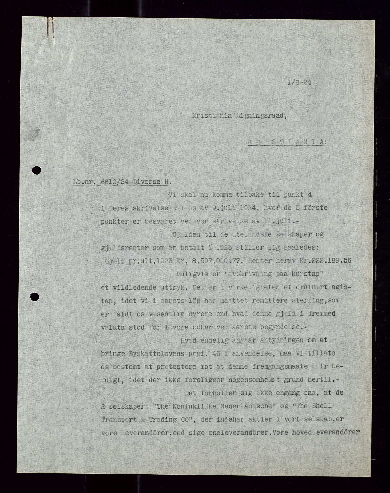 Pa 1521 - A/S Norske Shell, AV/SAST-A-101915/E/Ea/Eaa/L0012: Sjefskorrespondanse, 1924, s. 8