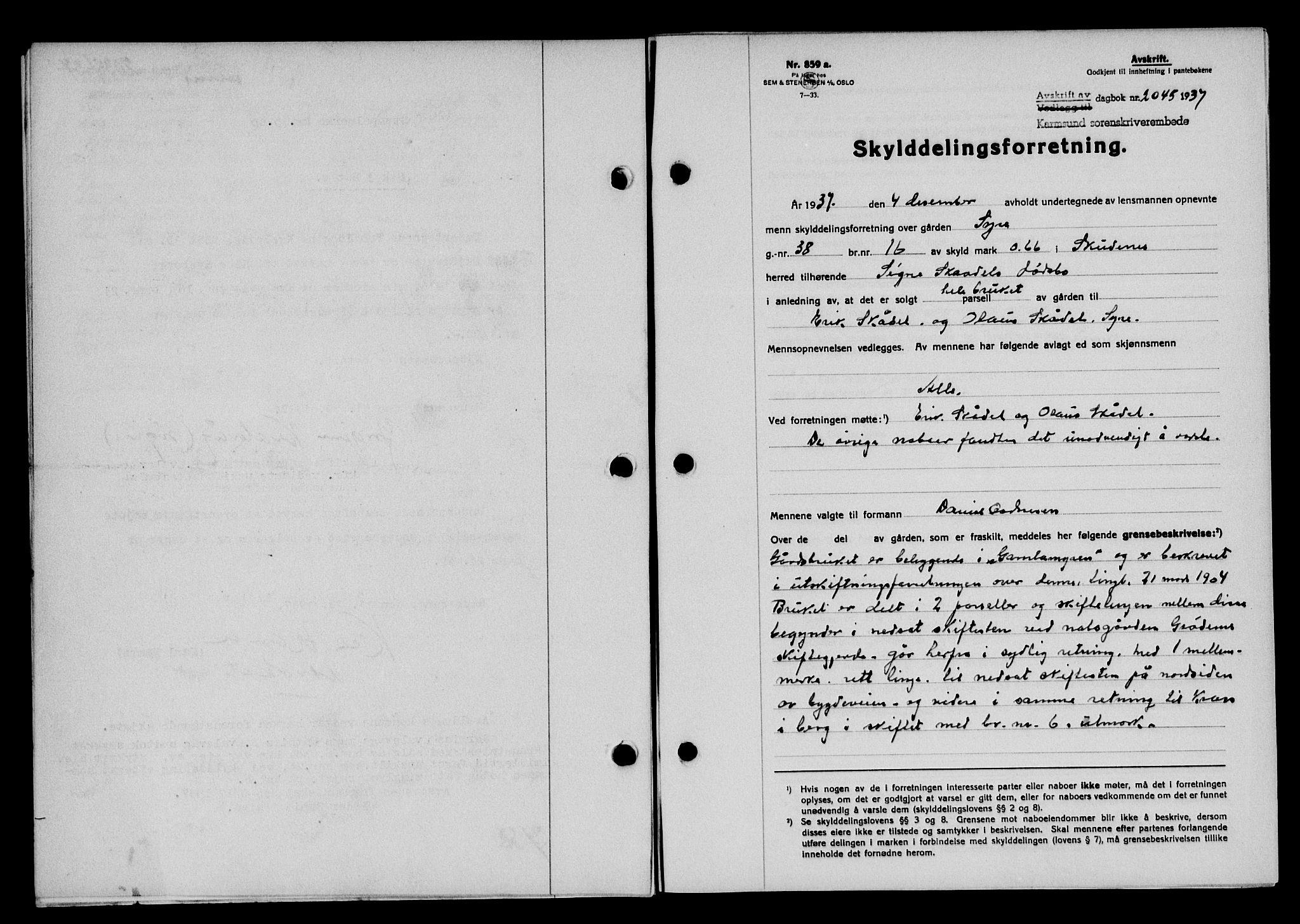 Karmsund sorenskriveri, SAST/A-100311/01/II/IIB/L0068: Pantebok nr. 49A, 1937-1937, Dagboknr: 2045/1937