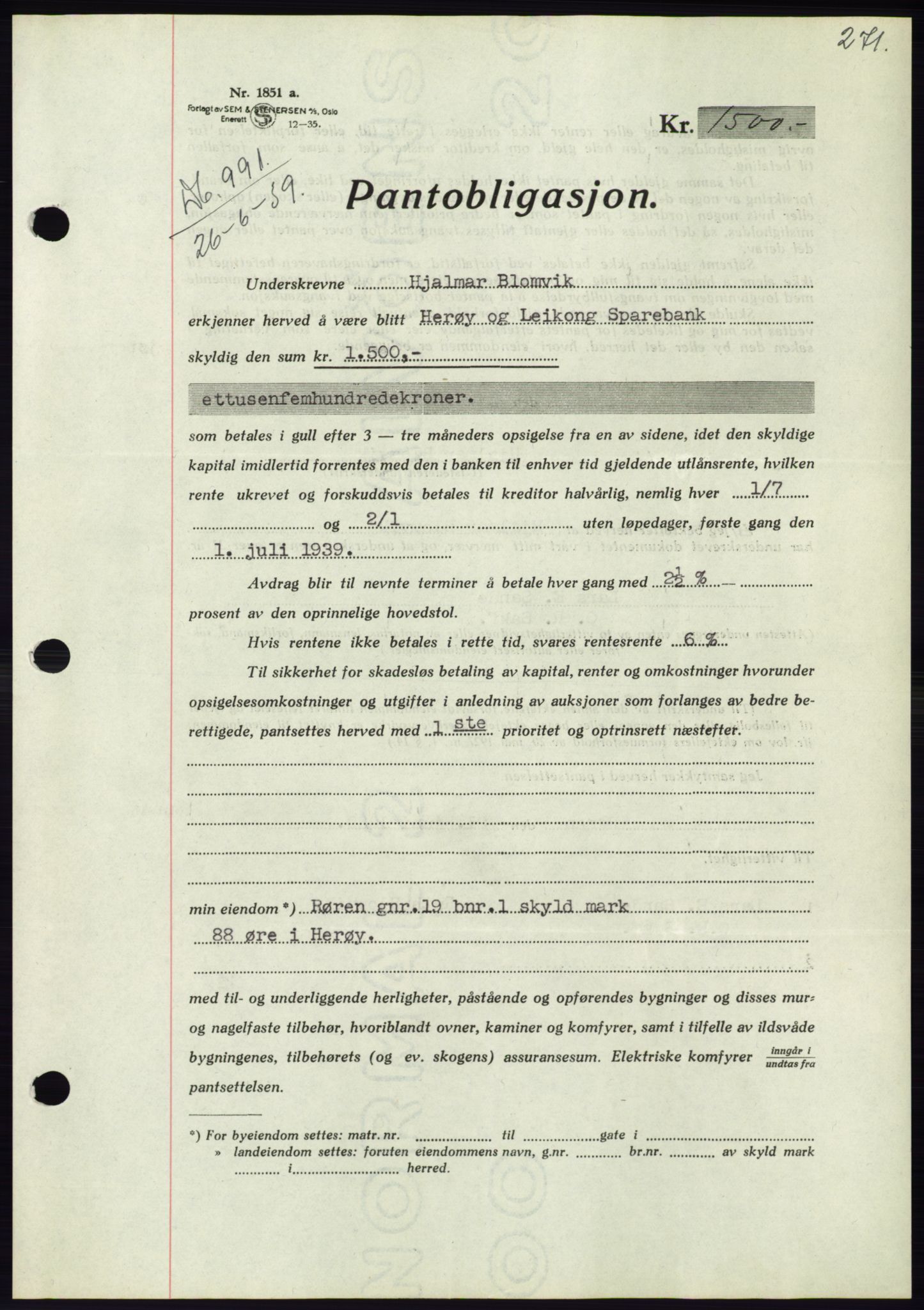 Søre Sunnmøre sorenskriveri, AV/SAT-A-4122/1/2/2C/L0068: Pantebok nr. 62, 1939-1939, Dagboknr: 991/1939