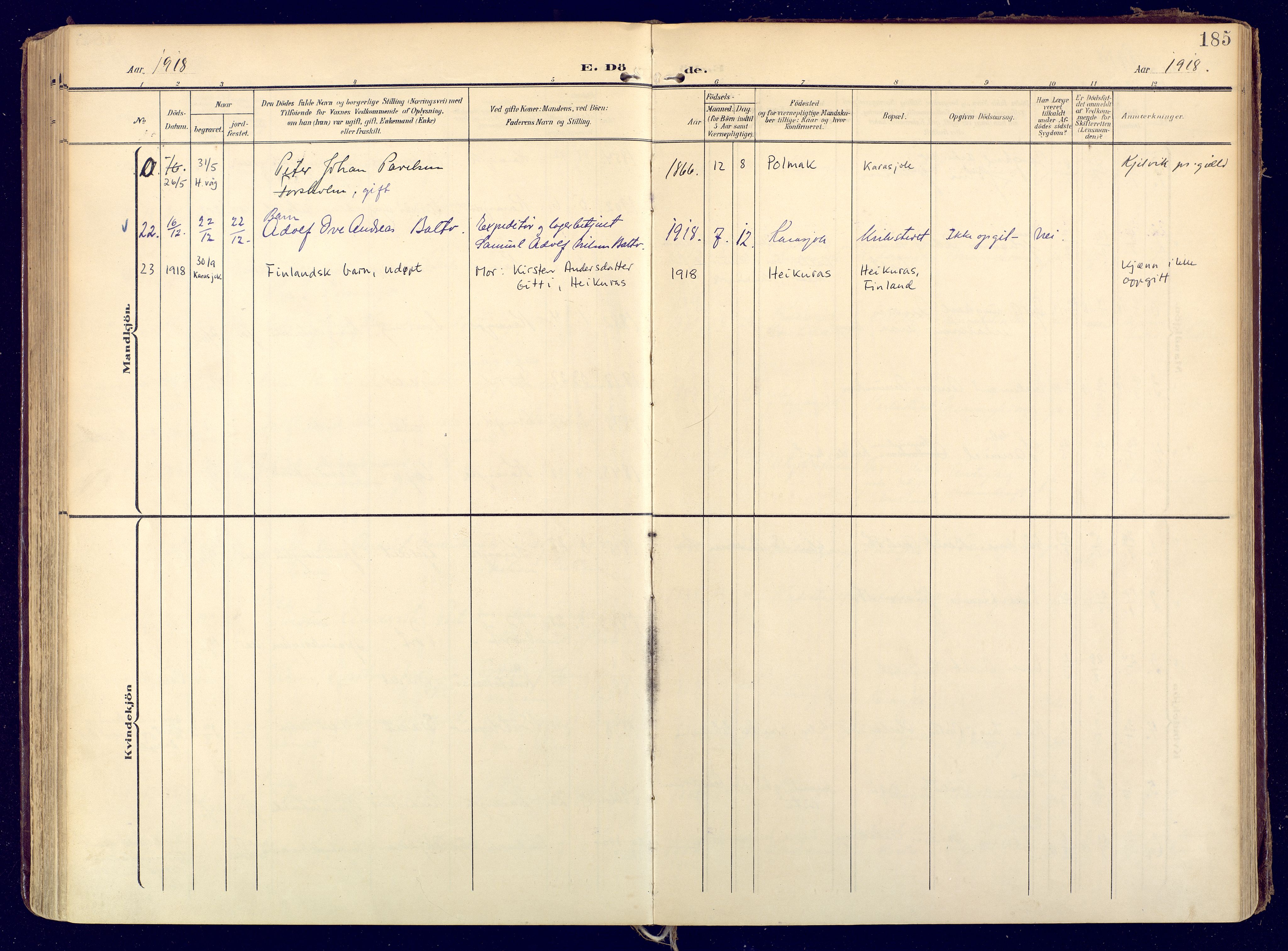 Karasjok sokneprestkontor, AV/SATØ-S-1352/H/Ha: Ministerialbok nr. 3, 1907-1926, s. 185