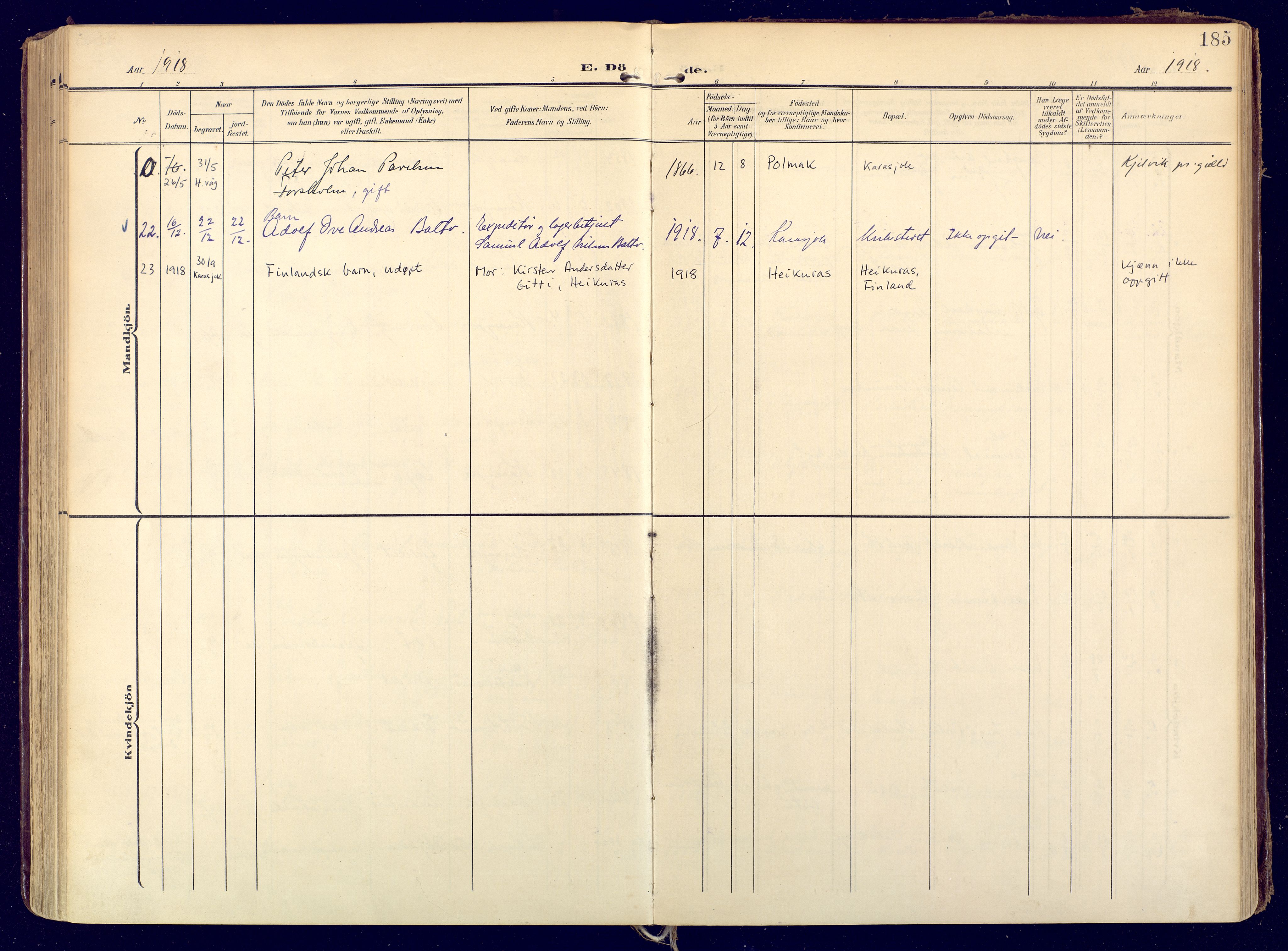 Karasjok sokneprestkontor, SATØ/S-1352/H/Ha: Ministerialbok nr. 3, 1907-1926, s. 185