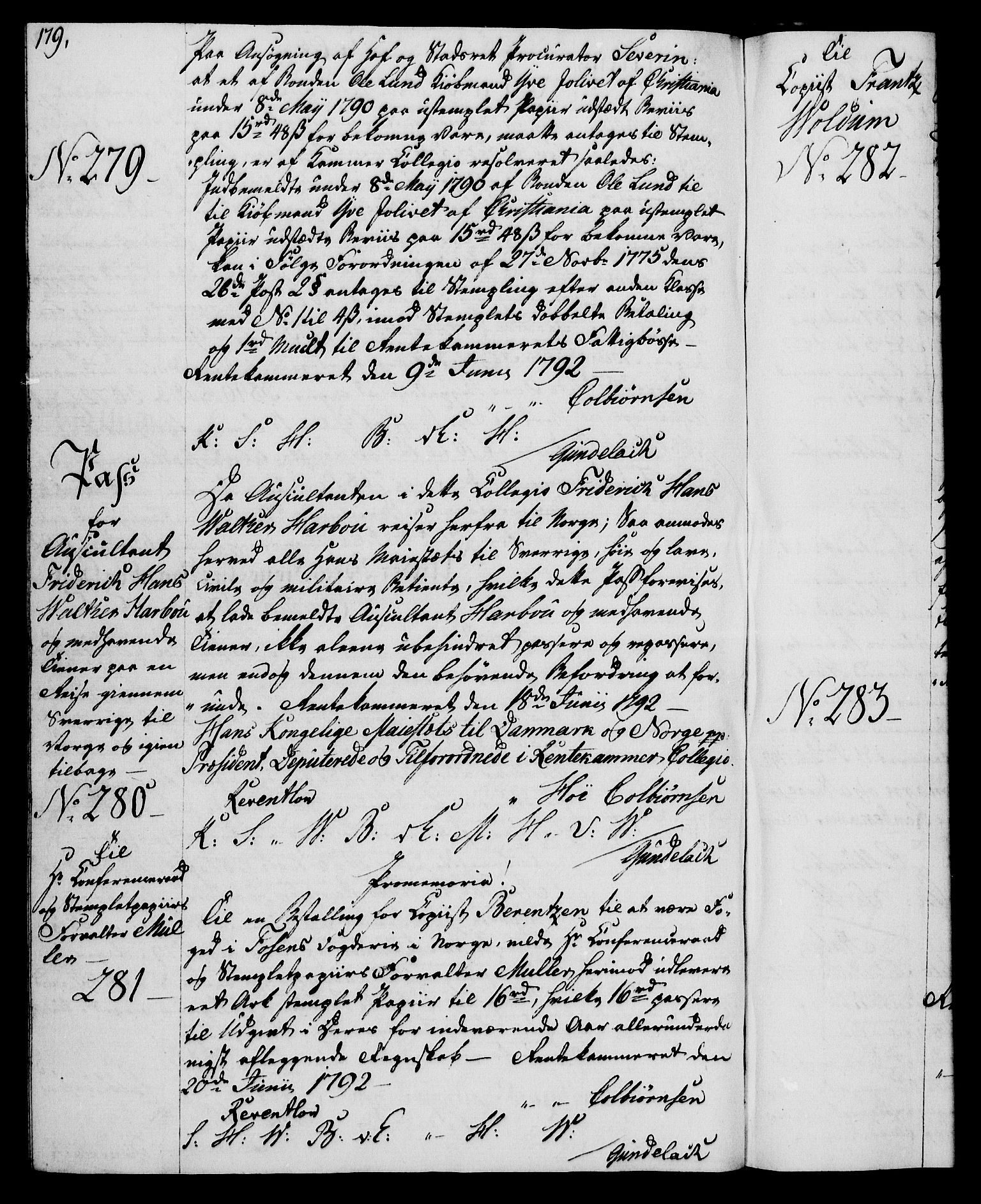 Rentekammeret, Kammerkanselliet, RA/EA-3111/G/Gg/Gga/L0015: Norsk ekspedisjonsprotokoll med register (merket RK 53.15), 1790-1791, s. 179