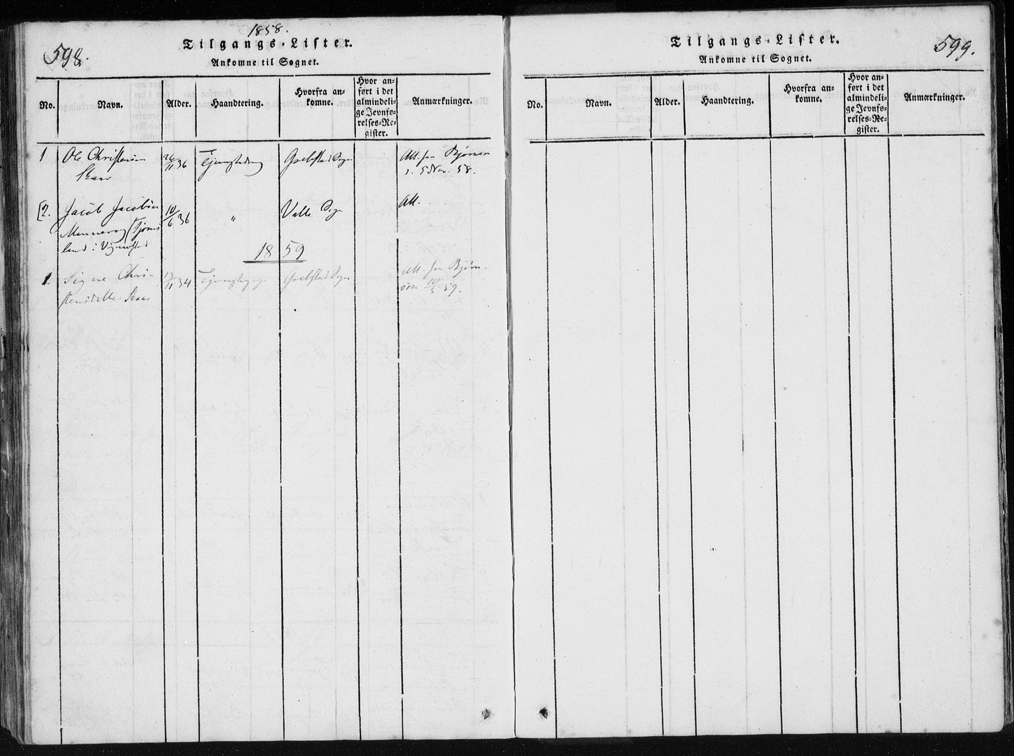 Holum sokneprestkontor, SAK/1111-0022/F/Fa/Fac/L0002: Ministerialbok nr. A 2, 1821-1859, s. 598-599