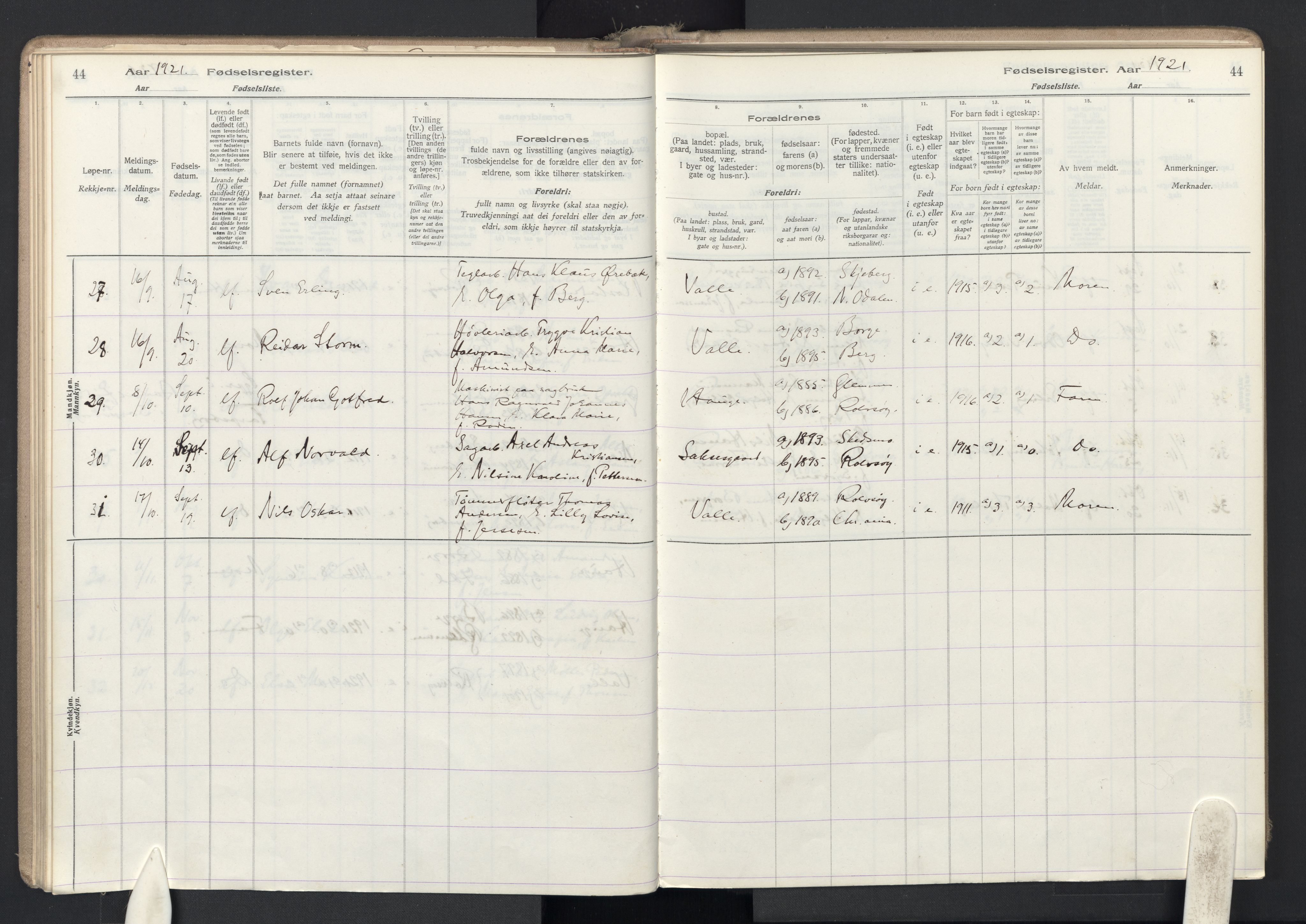 Rolvsøy prestekontor Kirkebøker, AV/SAO-A-2004/J/Ja/L0001: Fødselsregister nr. 1, 1916-1946, s. 44