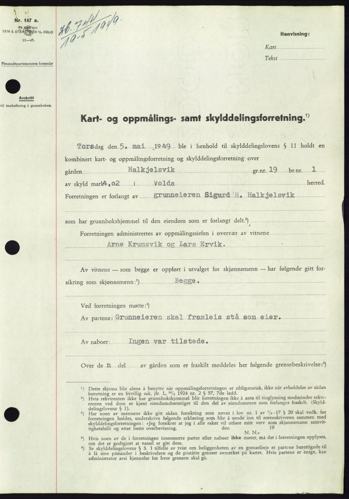 Søre Sunnmøre sorenskriveri, SAT/A-4122/1/2/2C/L0084: Pantebok nr. 10A, 1949-1949, Dagboknr: 744/1949