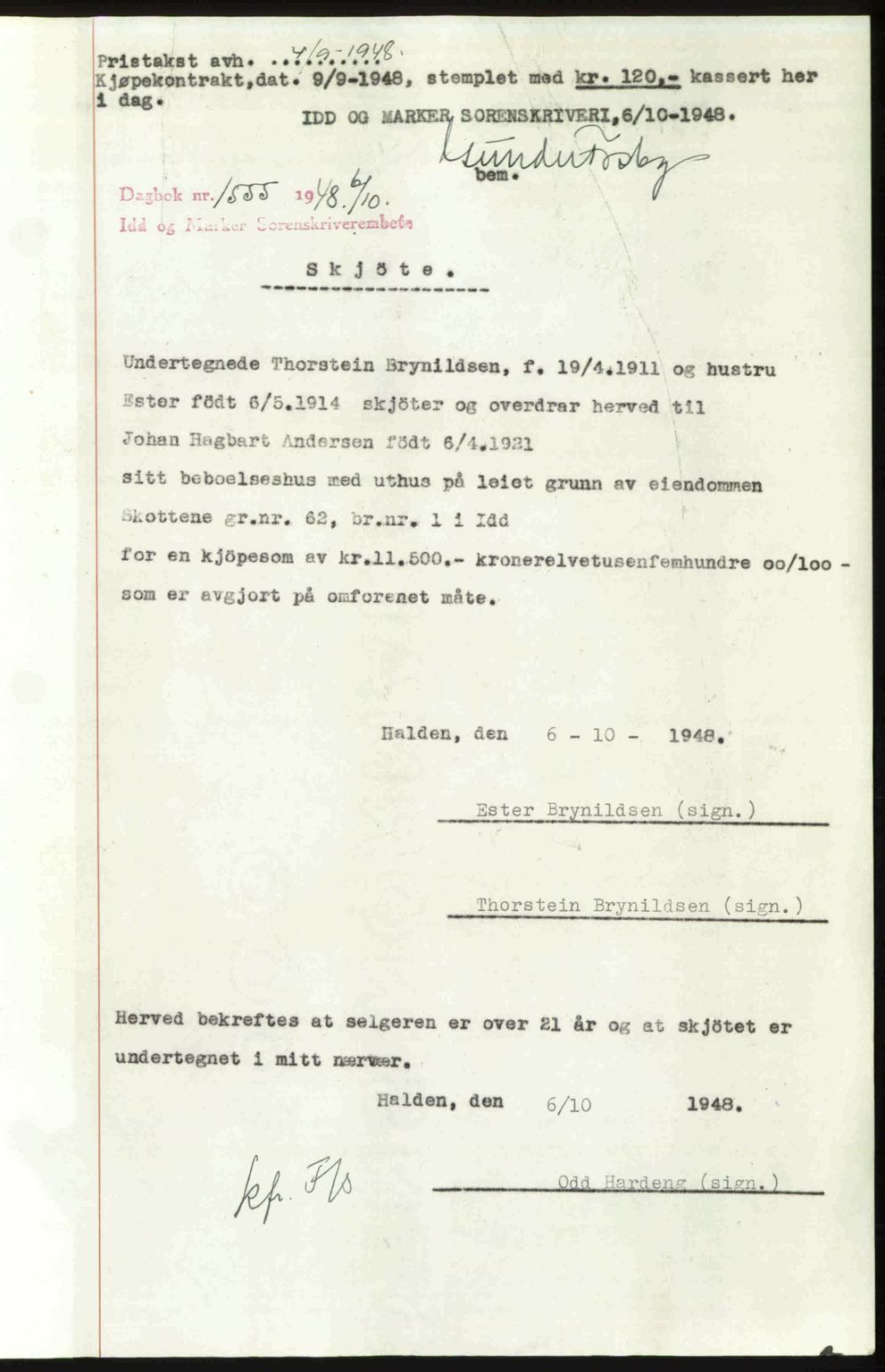 Idd og Marker sorenskriveri, SAO/A-10283/G/Gb/Gbb/L0011: Pantebok nr. A11, 1948-1949, Dagboknr: 1555/1948