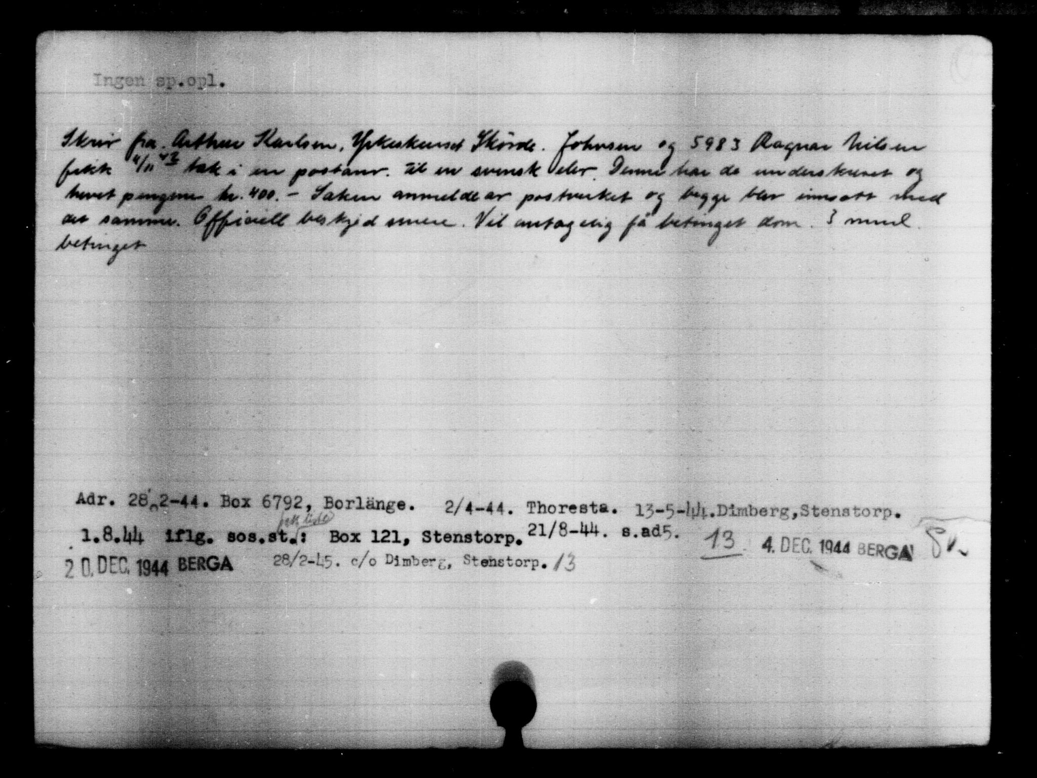 Den Kgl. Norske Legasjons Flyktningskontor, AV/RA-S-6753/V/Va/L0004: Kjesäterkartoteket.  Flyktningenr. 3496-6610, 1940-1945, s. 2290