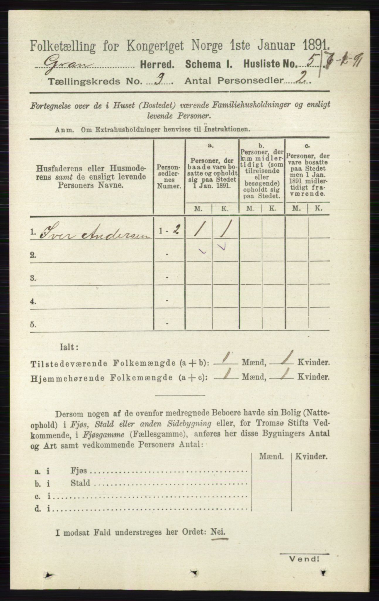 RA, Folketelling 1891 for 0534 Gran herred, 1891, s. 611