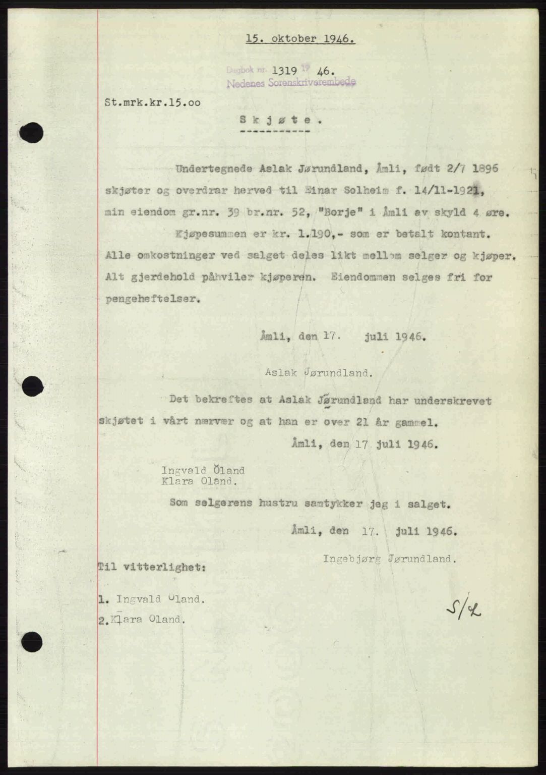 Nedenes sorenskriveri, AV/SAK-1221-0006/G/Gb/Gba/L0056: Pantebok nr. A8, 1946-1947, Dagboknr: 1319/1946