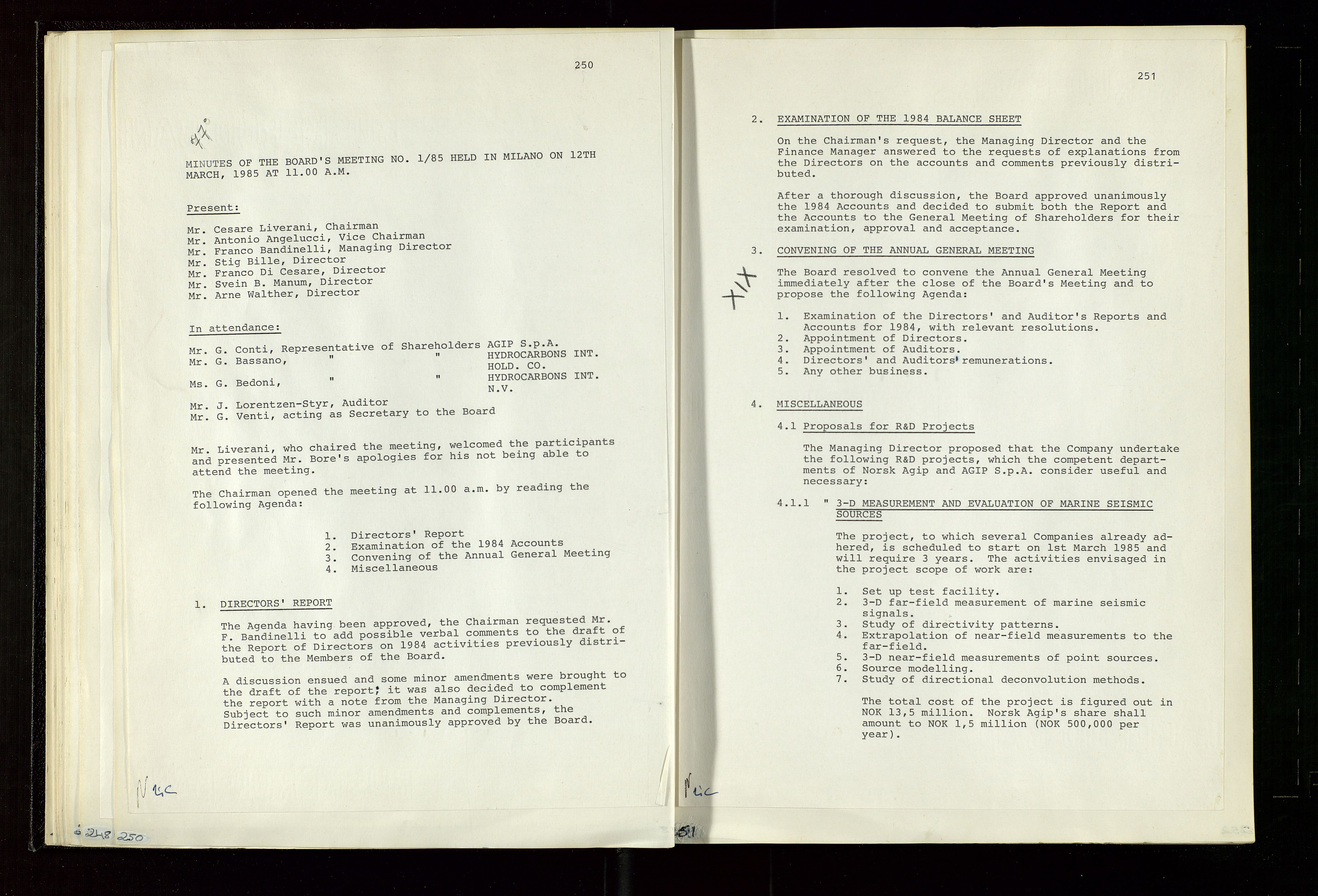 Pa 1583 - Norsk Agip AS, SAST/A-102138/A/Aa/L0003: Board of Directors meeting minutes, 1979-1983, s. 250-251