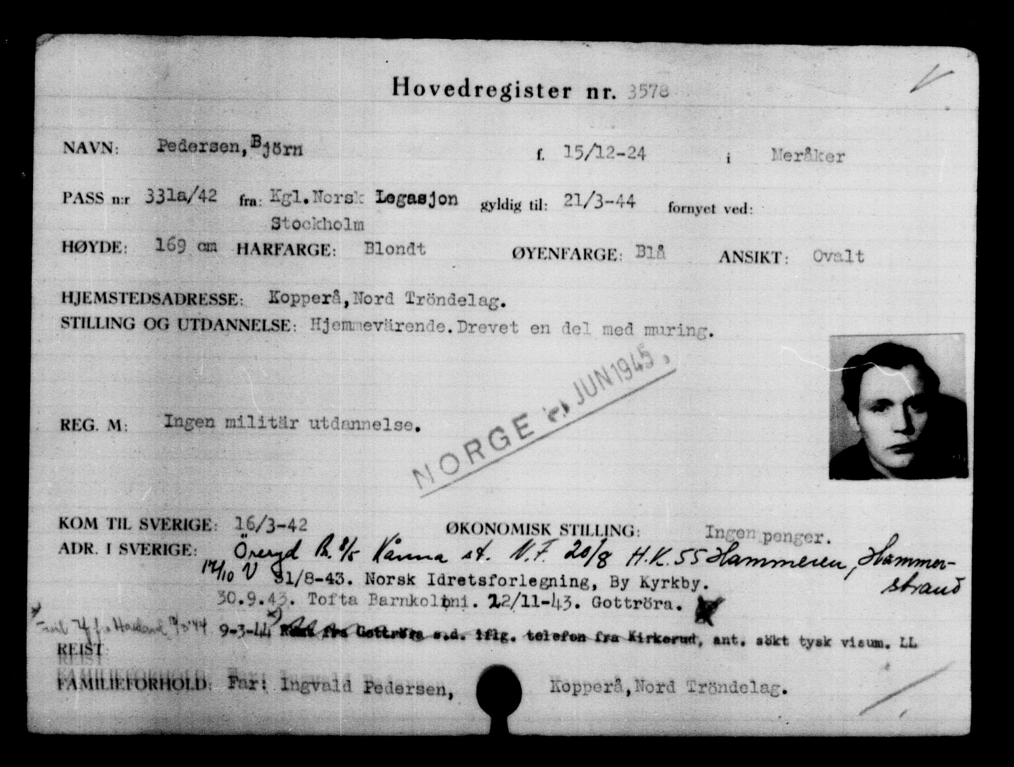 Utenriksstasjonene, Legasjonen i Stockholm, Flyktningkontoret, AV/RA-S-6753/V/Va/L0004: Kjesäterkartoteket, flyktninger med registreringsnr. 3496-6610, 1940-1945, s. 95