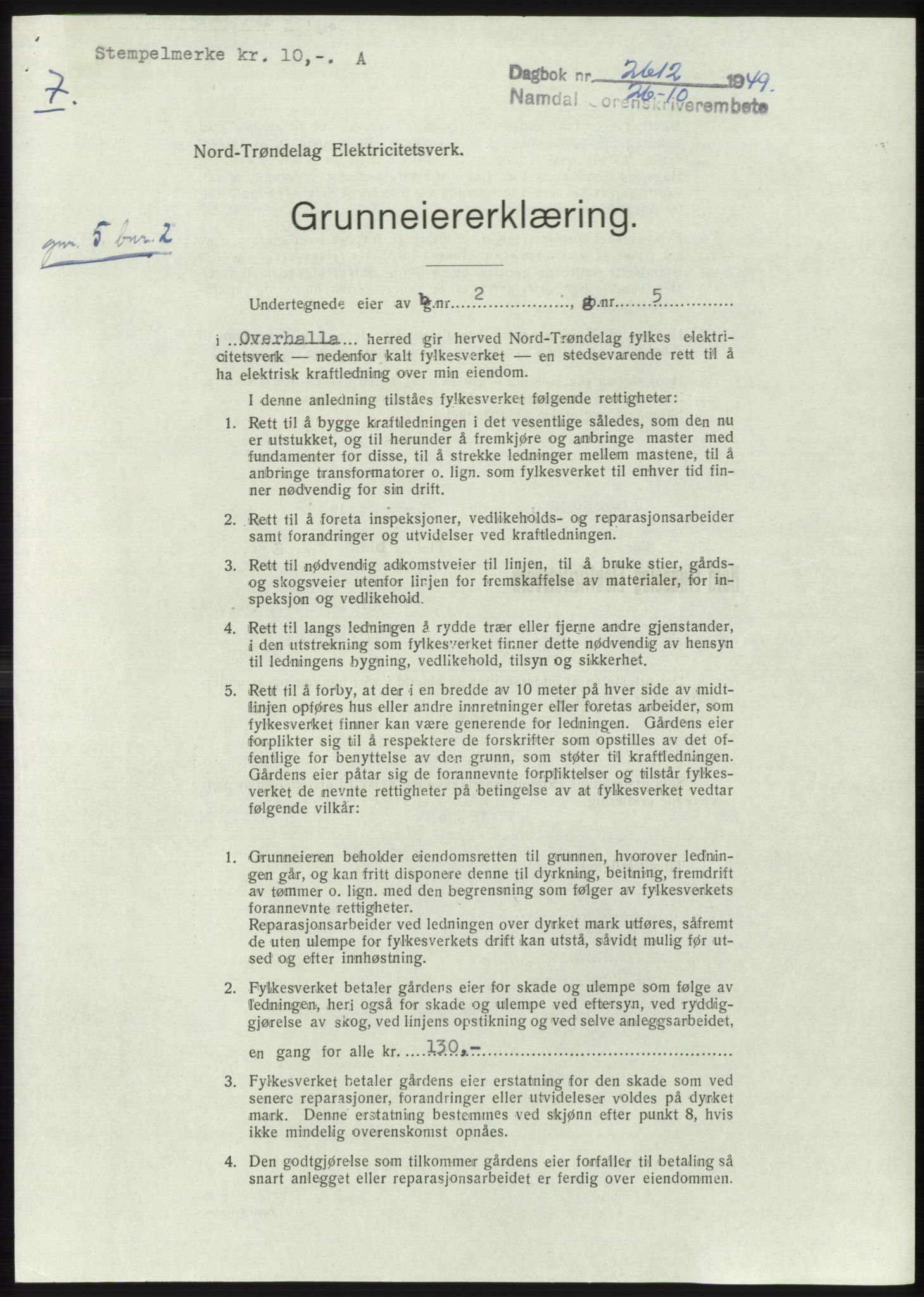 Namdal sorenskriveri, SAT/A-4133/1/2/2C: Pantebok nr. -, 1949-1949, Dagboknr: 2612/1949