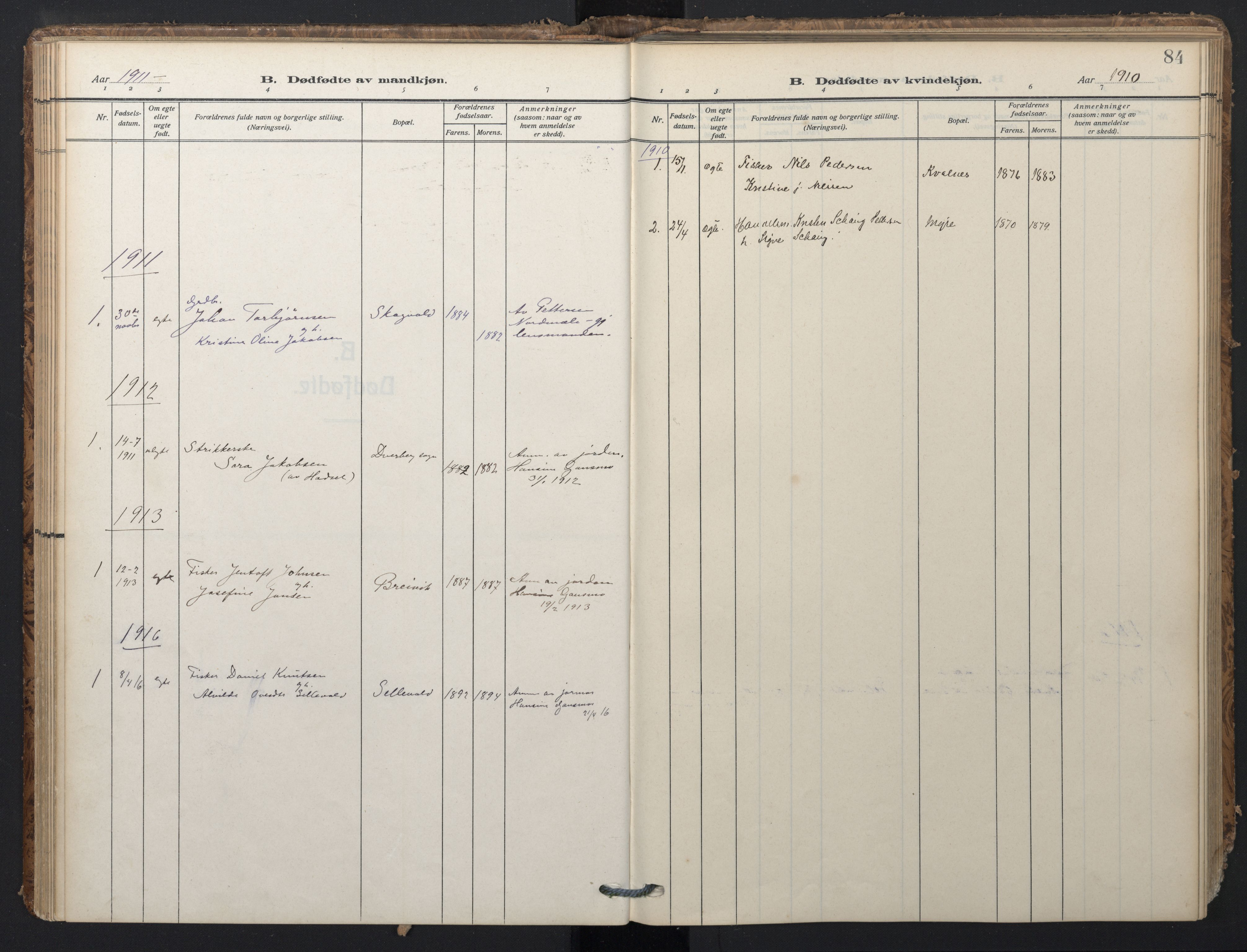 Ministerialprotokoller, klokkerbøker og fødselsregistre - Nordland, SAT/A-1459/897/L1401: Ministerialbok nr. 897A08, 1909-1921, s. 84