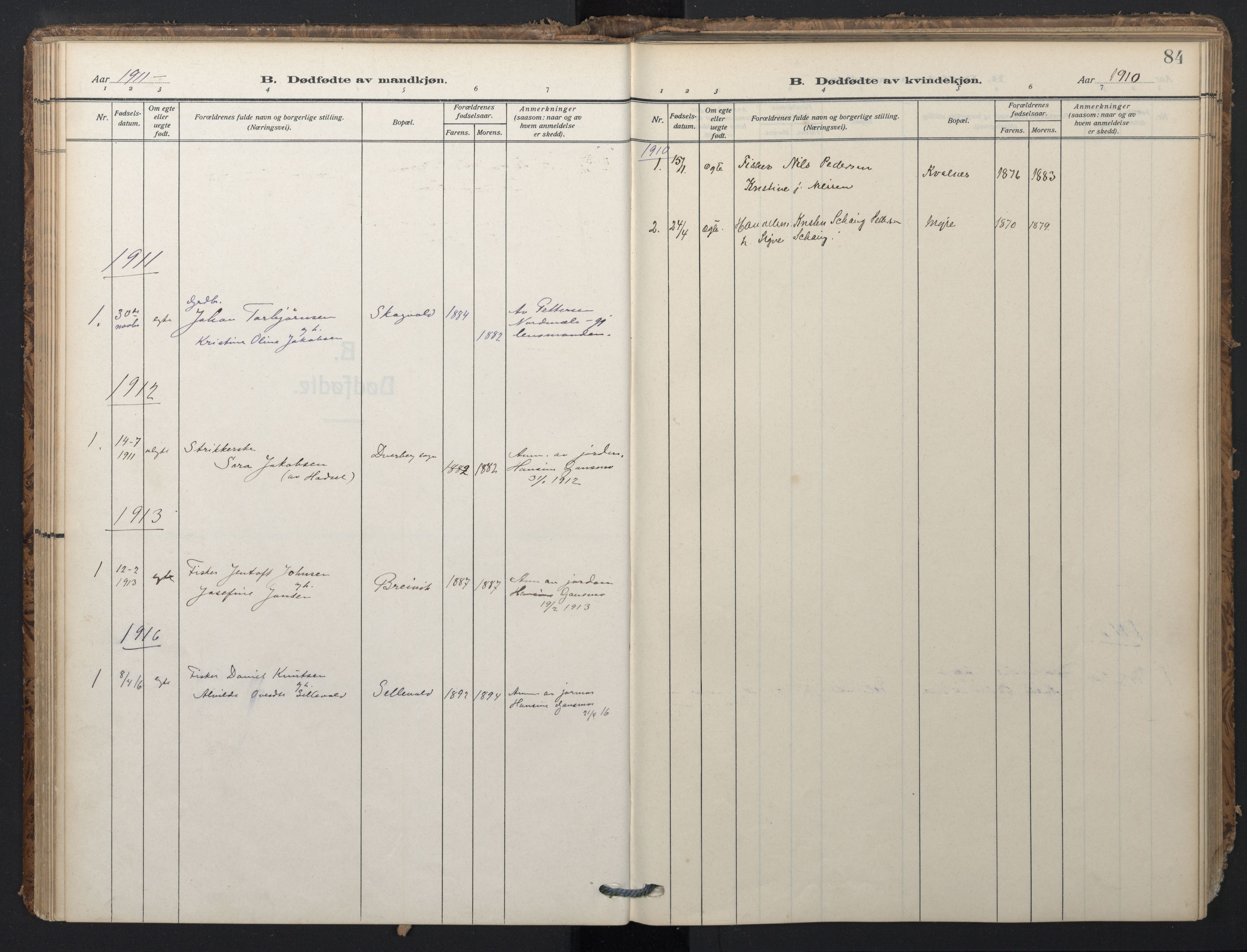 Ministerialprotokoller, klokkerbøker og fødselsregistre - Nordland, AV/SAT-A-1459/897/L1401: Ministerialbok nr. 897A08, 1909-1921, s. 84