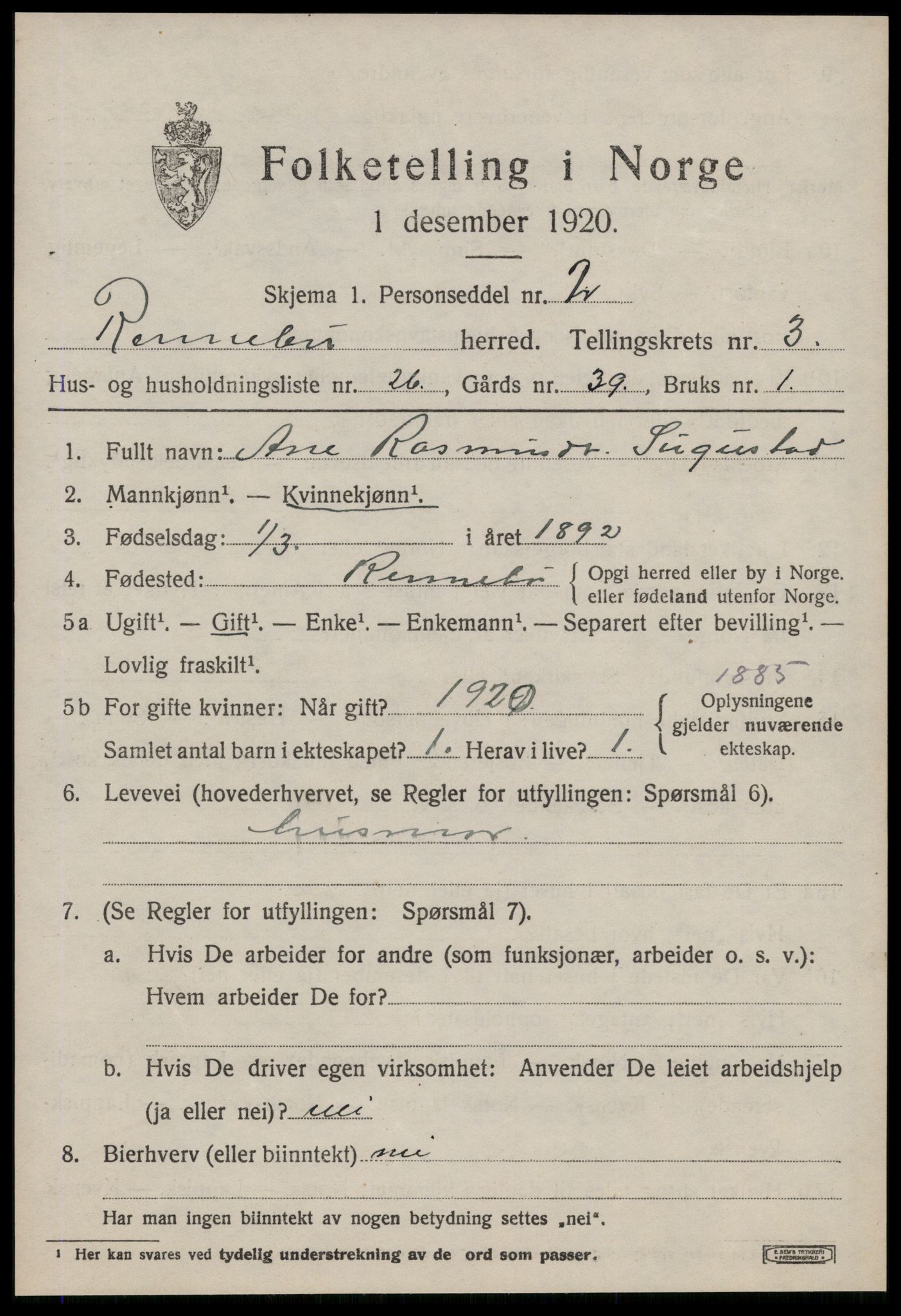 SAT, Folketelling 1920 for 1635 Rennebu herred, 1920, s. 2164