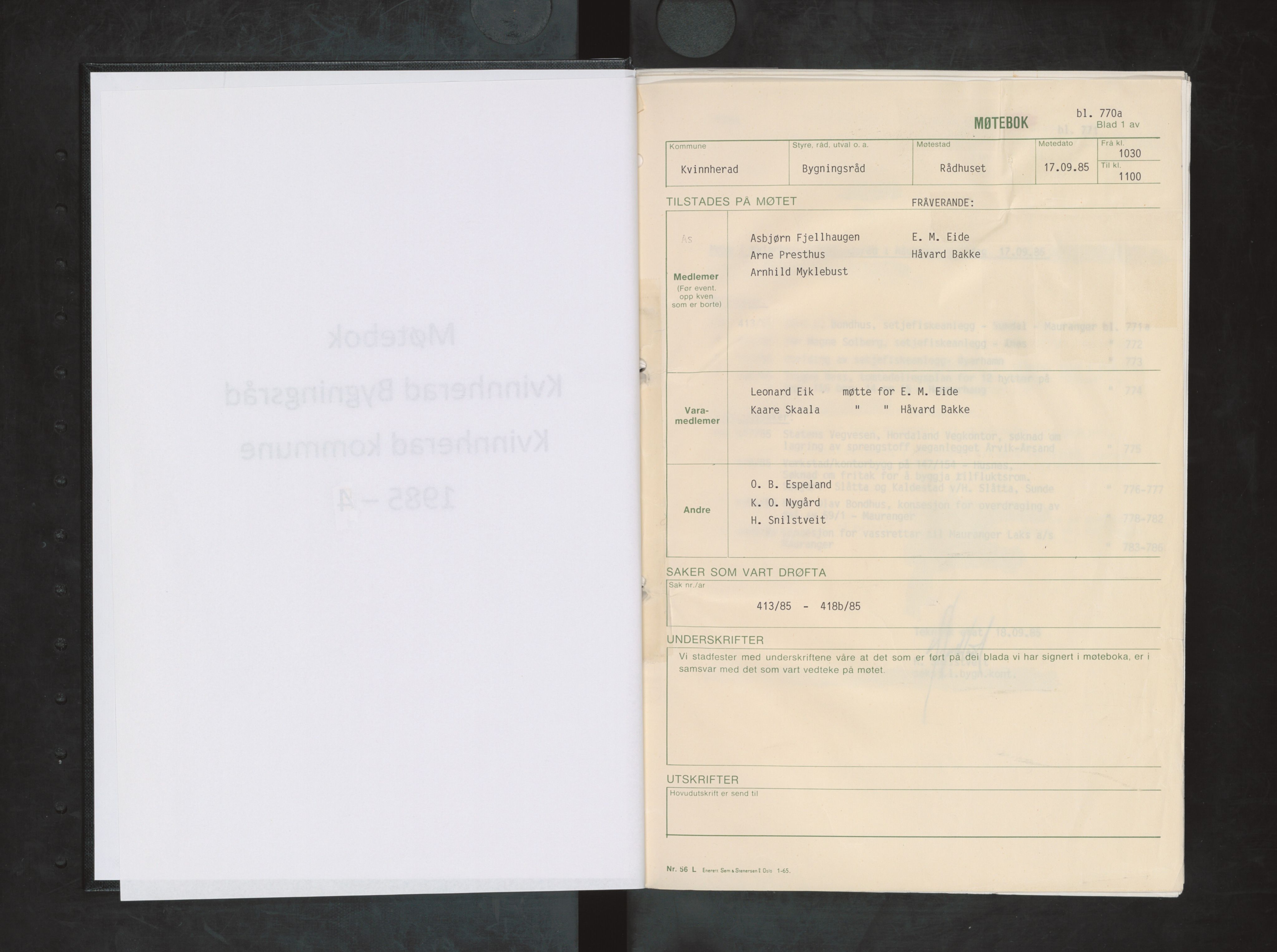 Kvinnherad kommune. Bygningsrådet , IKAH/1224-511/A/Aa/L0046: Møtebok for Kvinnherad bygningsråd, 1985