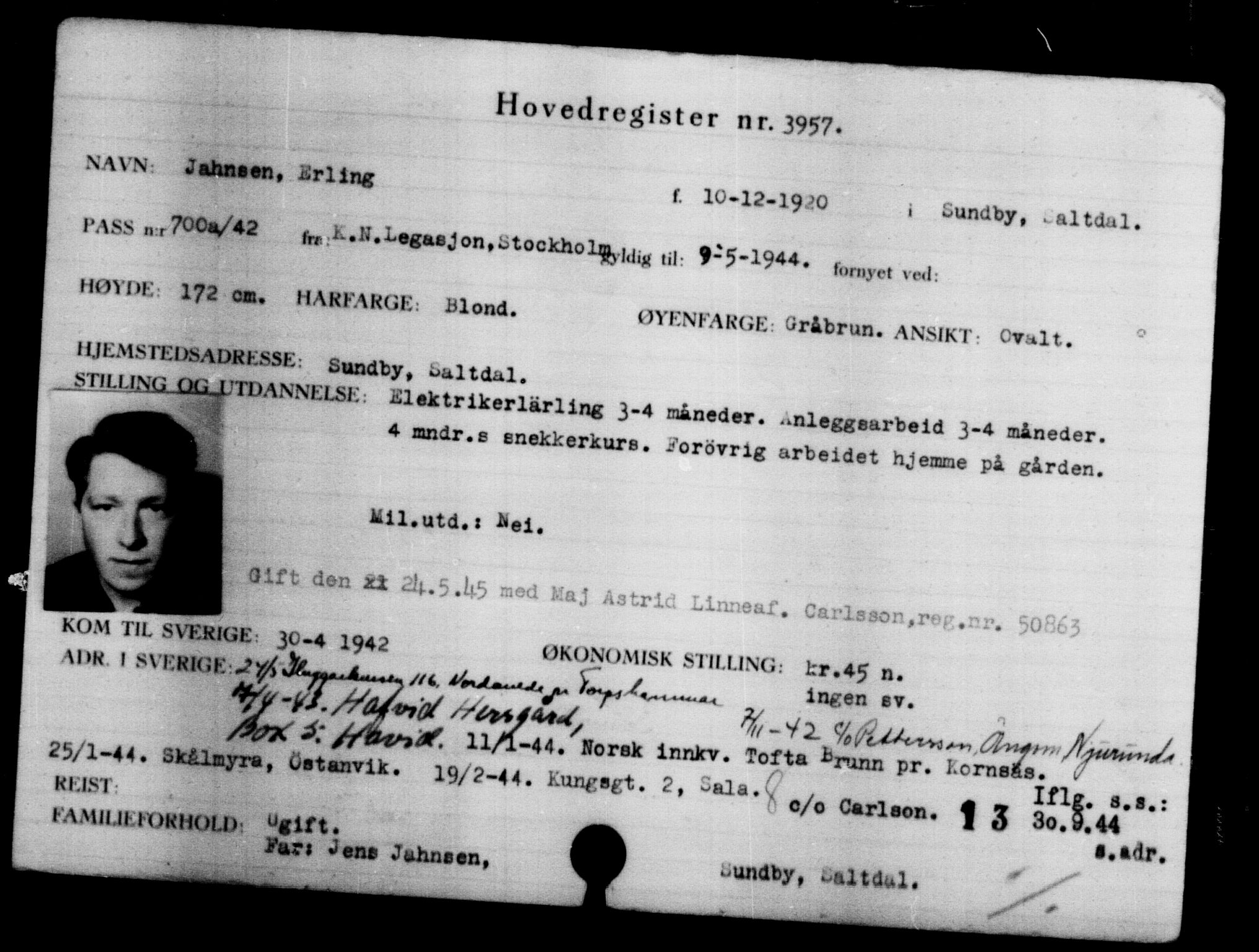 Utenriksstasjonene, Legasjonen i Stockholm, Flyktningkontoret, AV/RA-S-6753/V/Va/L0004: Kjesäterkartoteket, flyktninger med registreringsnr. 3496-6610, 1940-1945, s. 540
