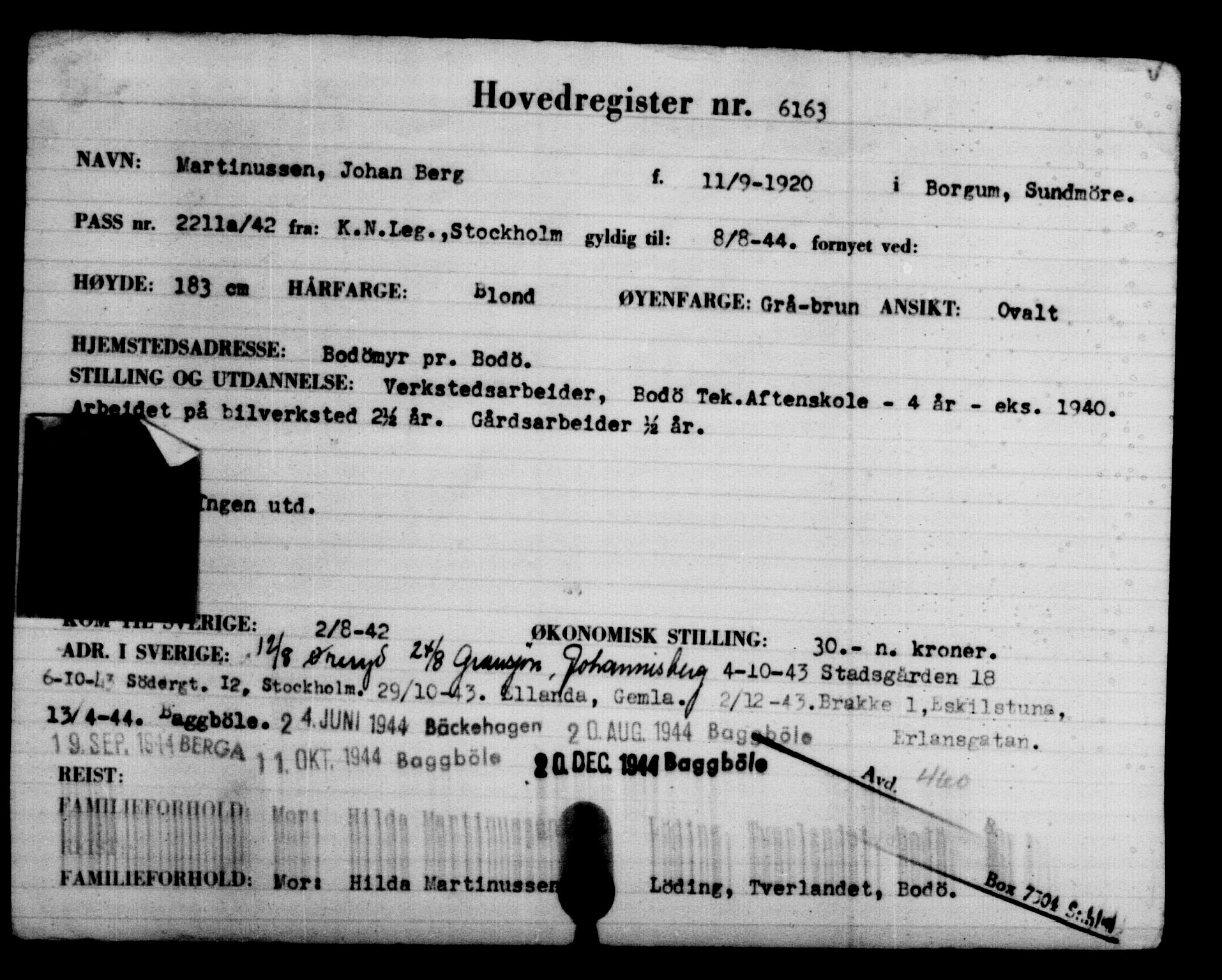 Utenriksstasjonene, Legasjonen i Stockholm, Flyktningkontoret, AV/RA-S-6753/V/Va/L0004: Kjesäterkartoteket, flyktninger med registreringsnr. 3496-6610, 1940-1945, s. 3127