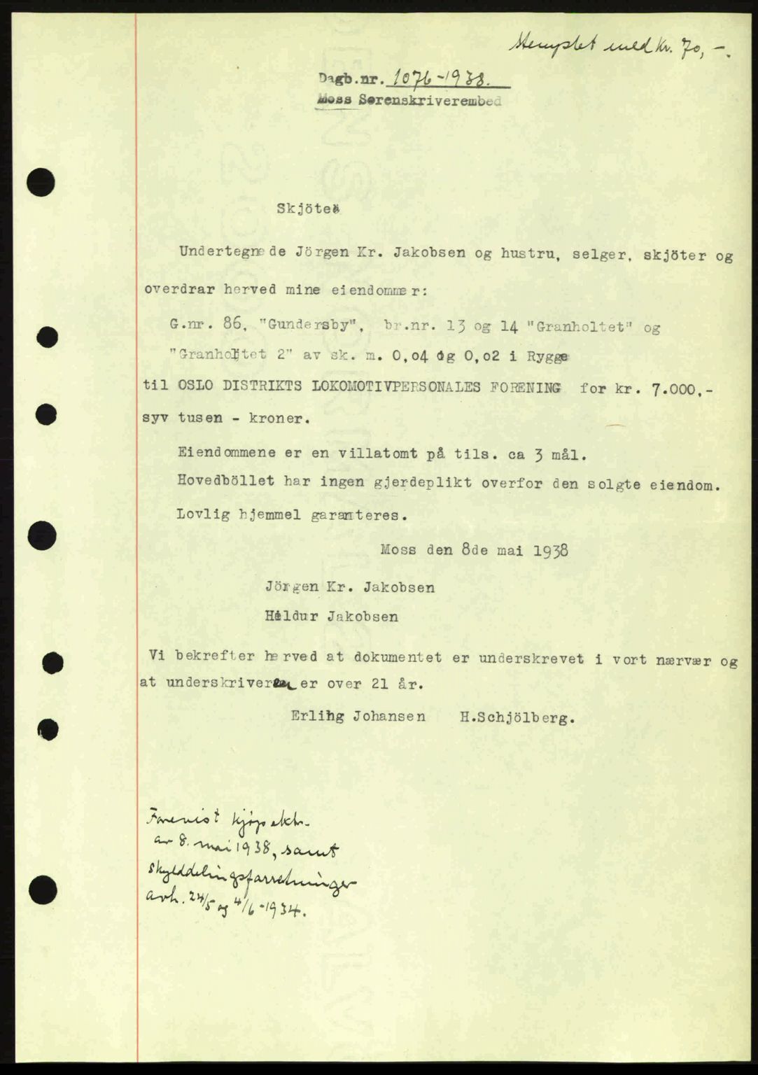 Moss sorenskriveri, SAO/A-10168: Pantebok nr. A4, 1938-1938, Dagboknr: 1076/1938