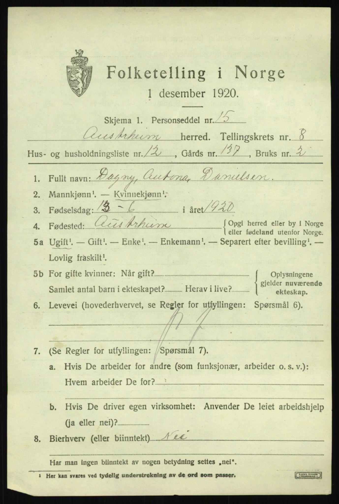 SAB, Folketelling 1920 for 1264 Austrheim herred, 1920, s. 3124