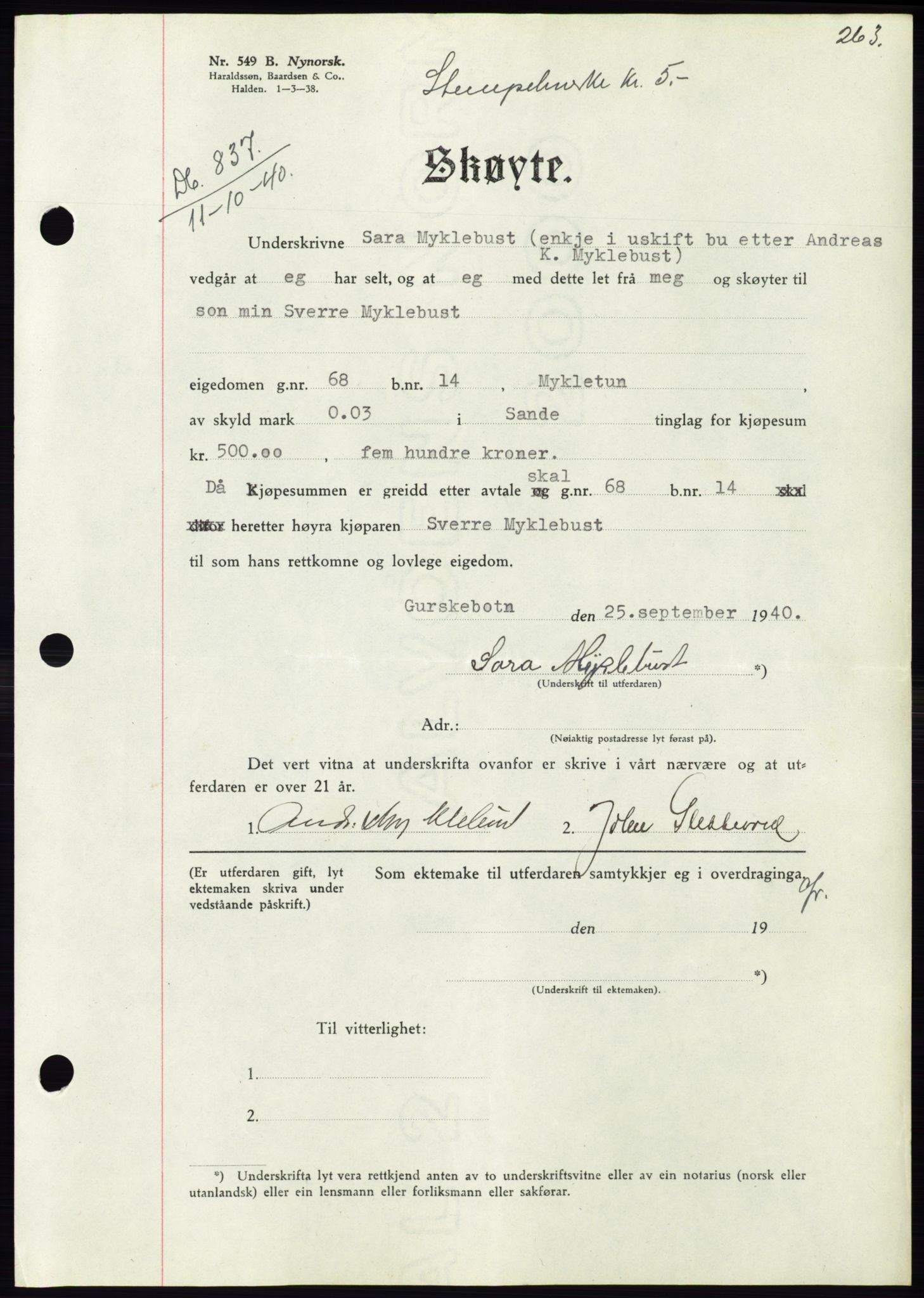 Søre Sunnmøre sorenskriveri, AV/SAT-A-4122/1/2/2C/L0070: Pantebok nr. 64, 1940-1941, Dagboknr: 837/1940