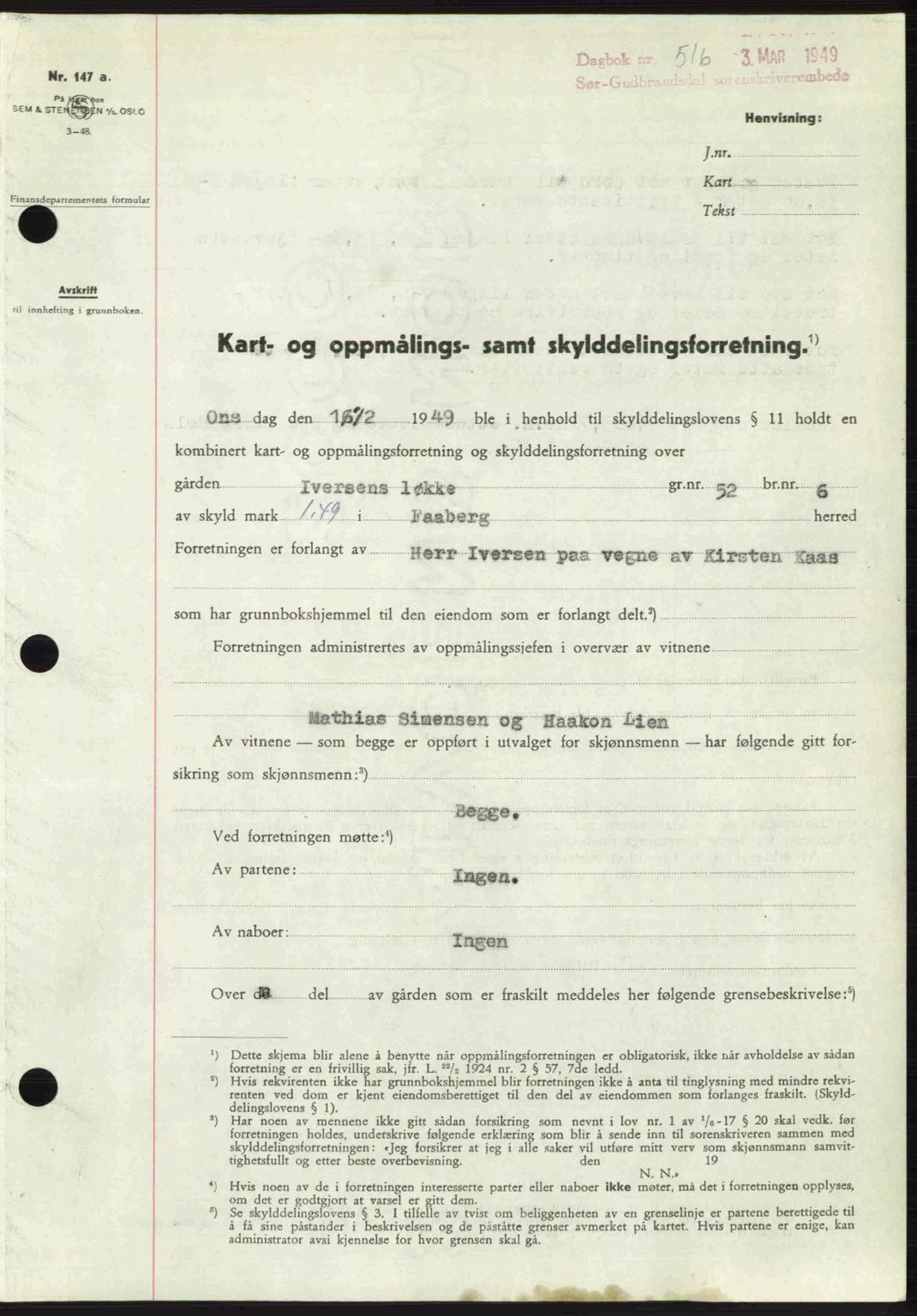 Sør-Gudbrandsdal tingrett, SAH/TING-004/H/Hb/Hbd/L0024: Pantebok nr. A24, 1948-1949, Dagboknr: 516/1949
