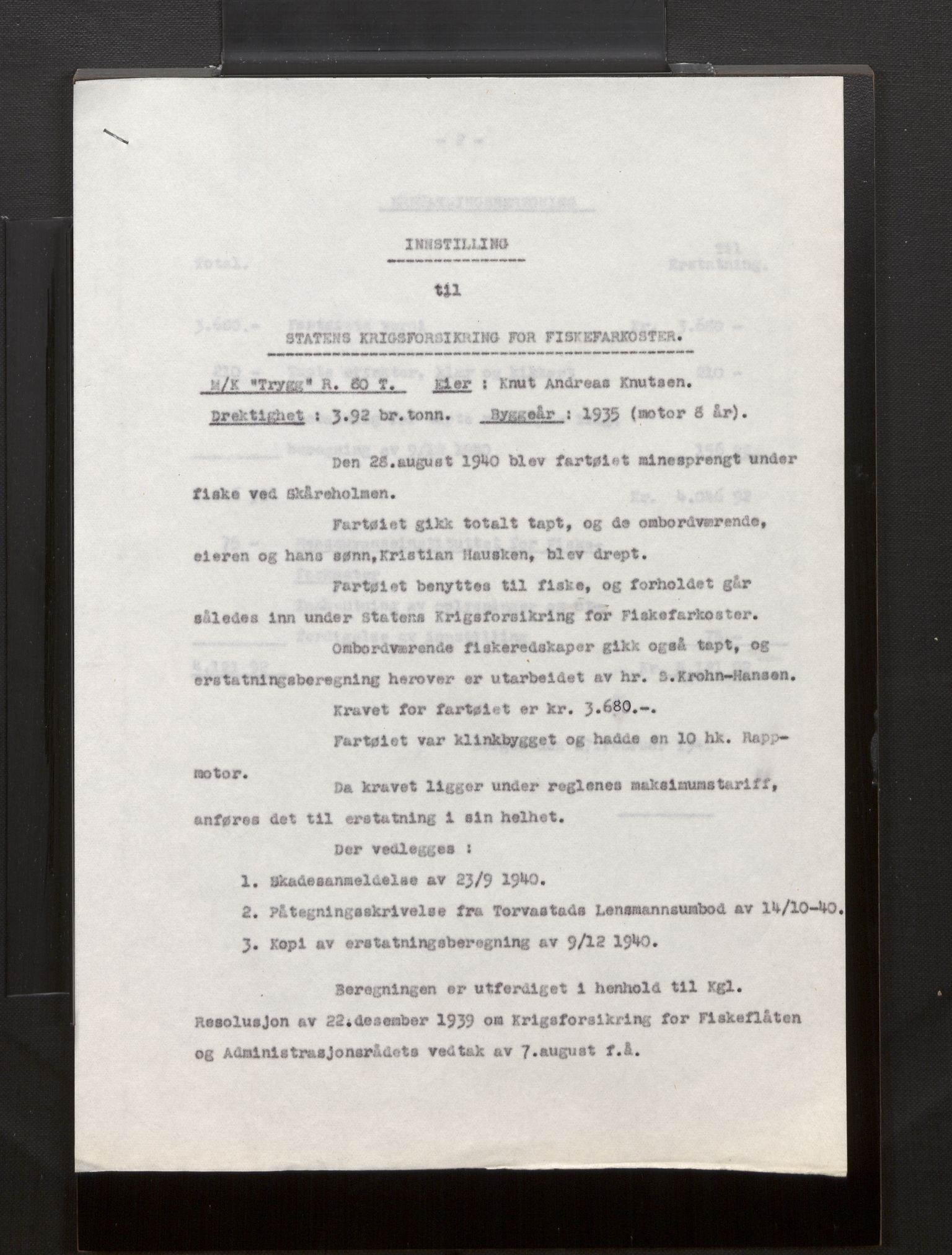 Fiskeridirektoratet - 1 Adm. ledelse - 13 Båtkontoret, AV/SAB-A-2003/La/L0008: Statens krigsforsikring for fiskeflåten, 1936-1971, s. 365
