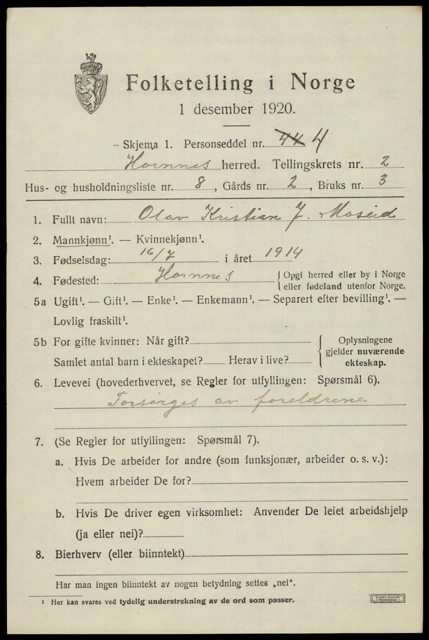 SAK, Folketelling 1920 for 0936 Hornnes herred, 1920, s. 787