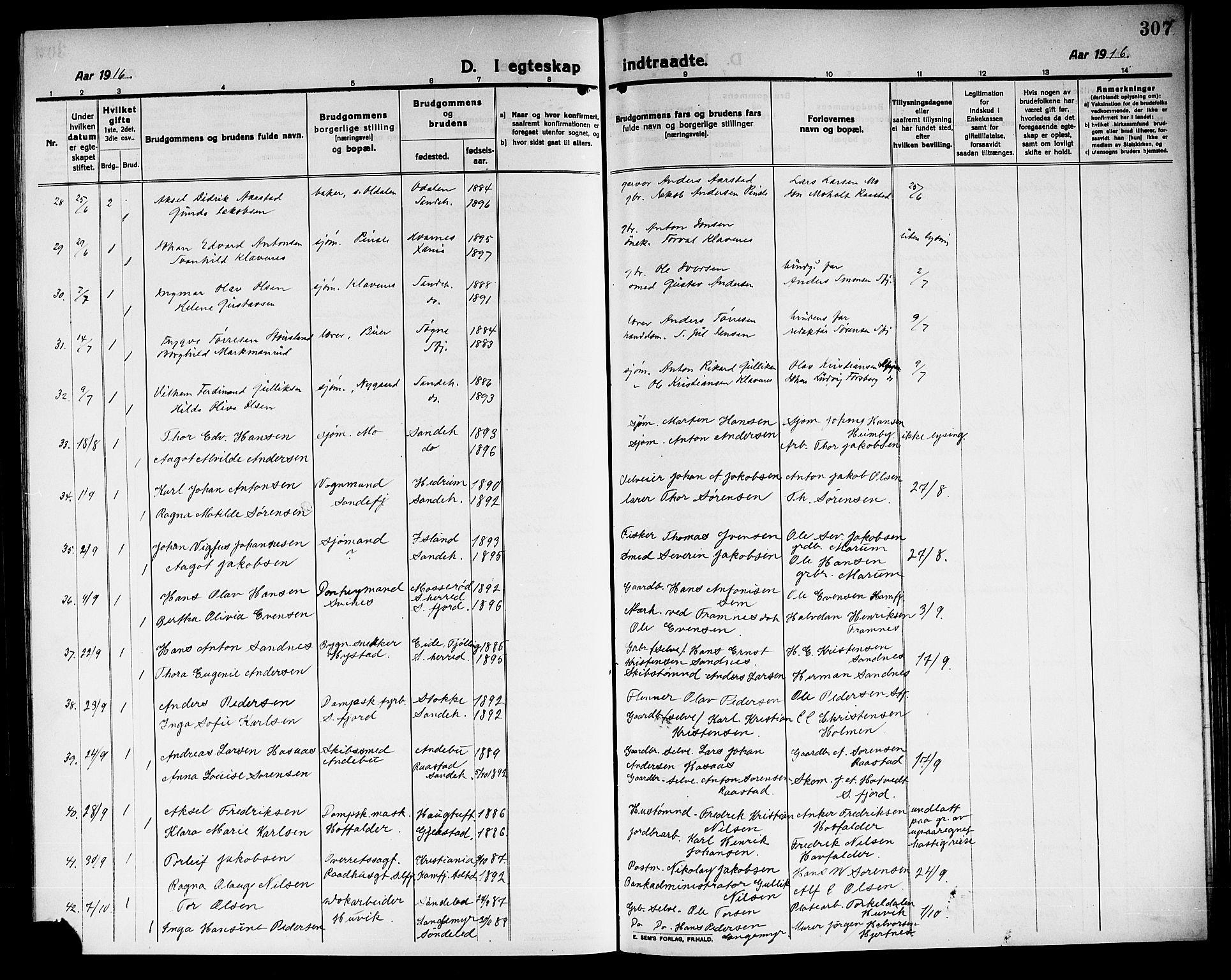 Sandar kirkebøker, AV/SAKO-A-243/G/Ga/L0003: Klokkerbok nr. 3, 1916-1922, s. 307