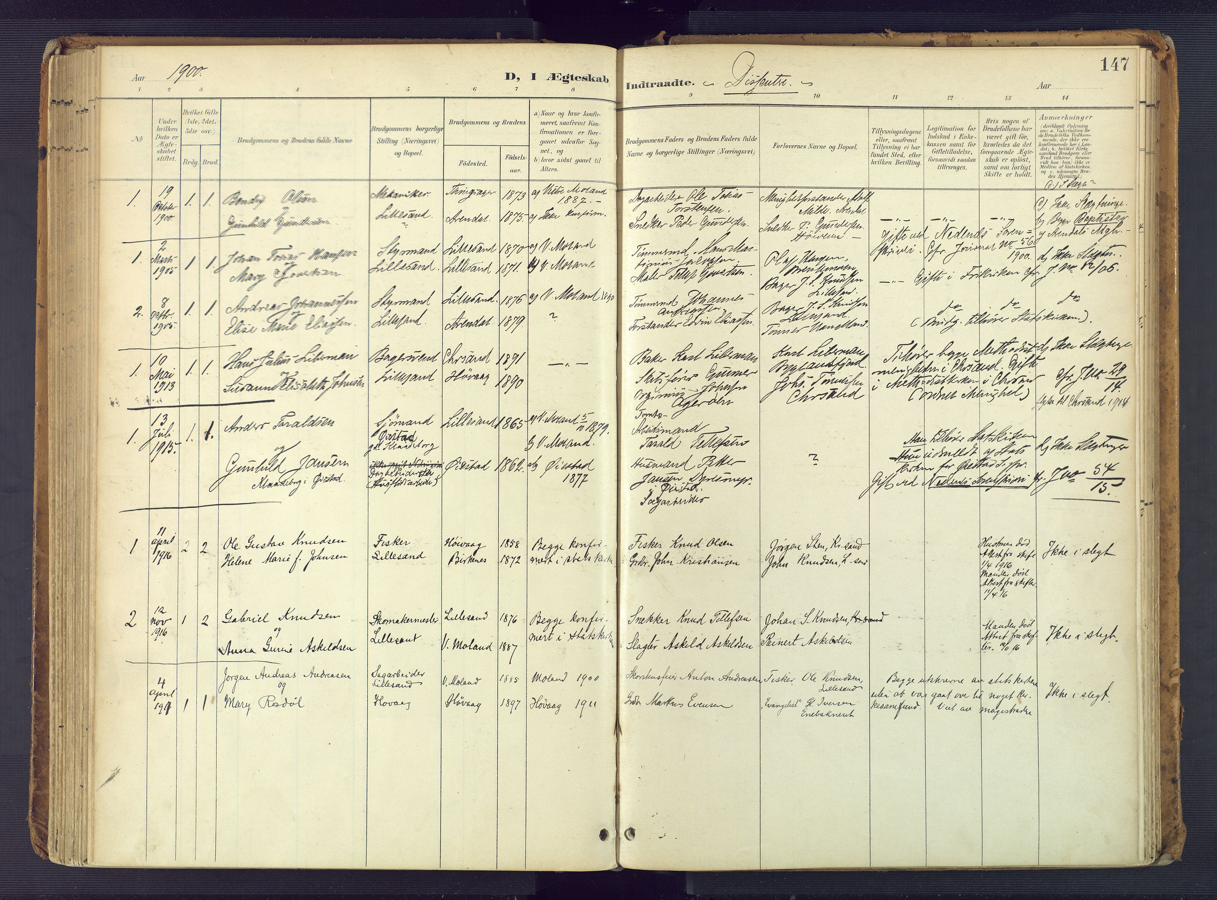 Vestre Moland sokneprestkontor, AV/SAK-1111-0046/F/Fa/Faa/L0002: Ministerialbok nr. A 2, 1900-1926, s. 147