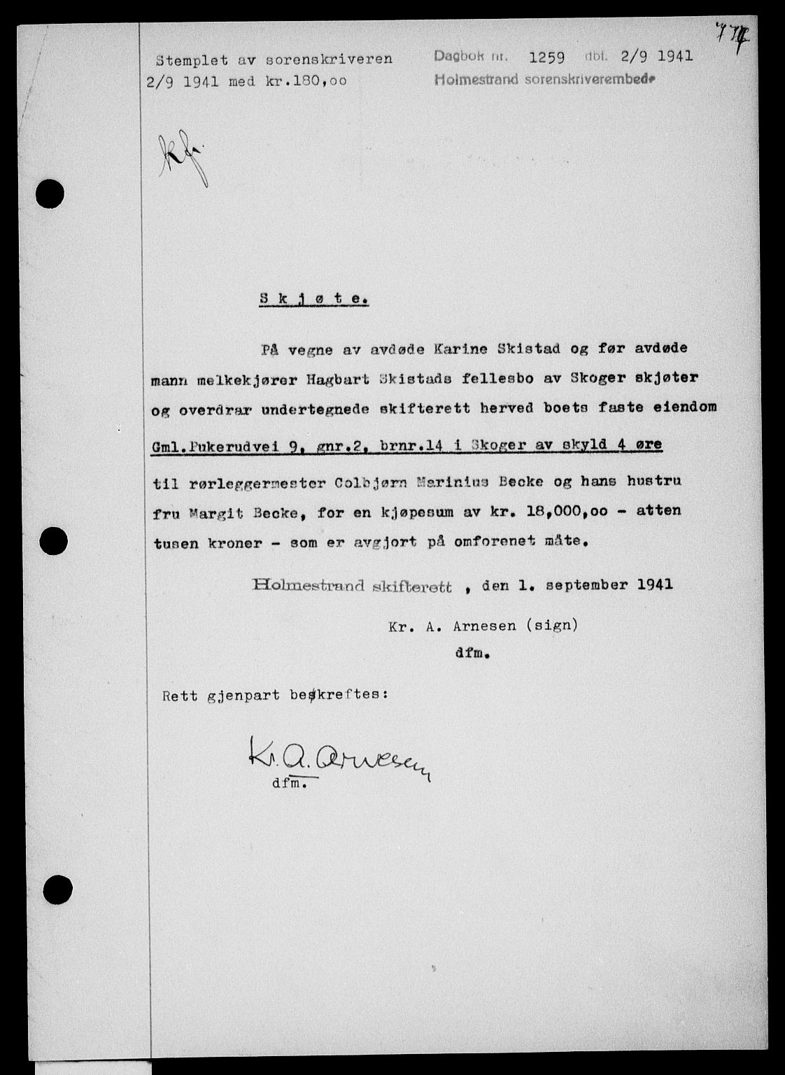 Holmestrand sorenskriveri, SAKO/A-67/G/Ga/Gaa/L0053: Pantebok nr. A-53, 1941-1941, Dagboknr: 1259/1941