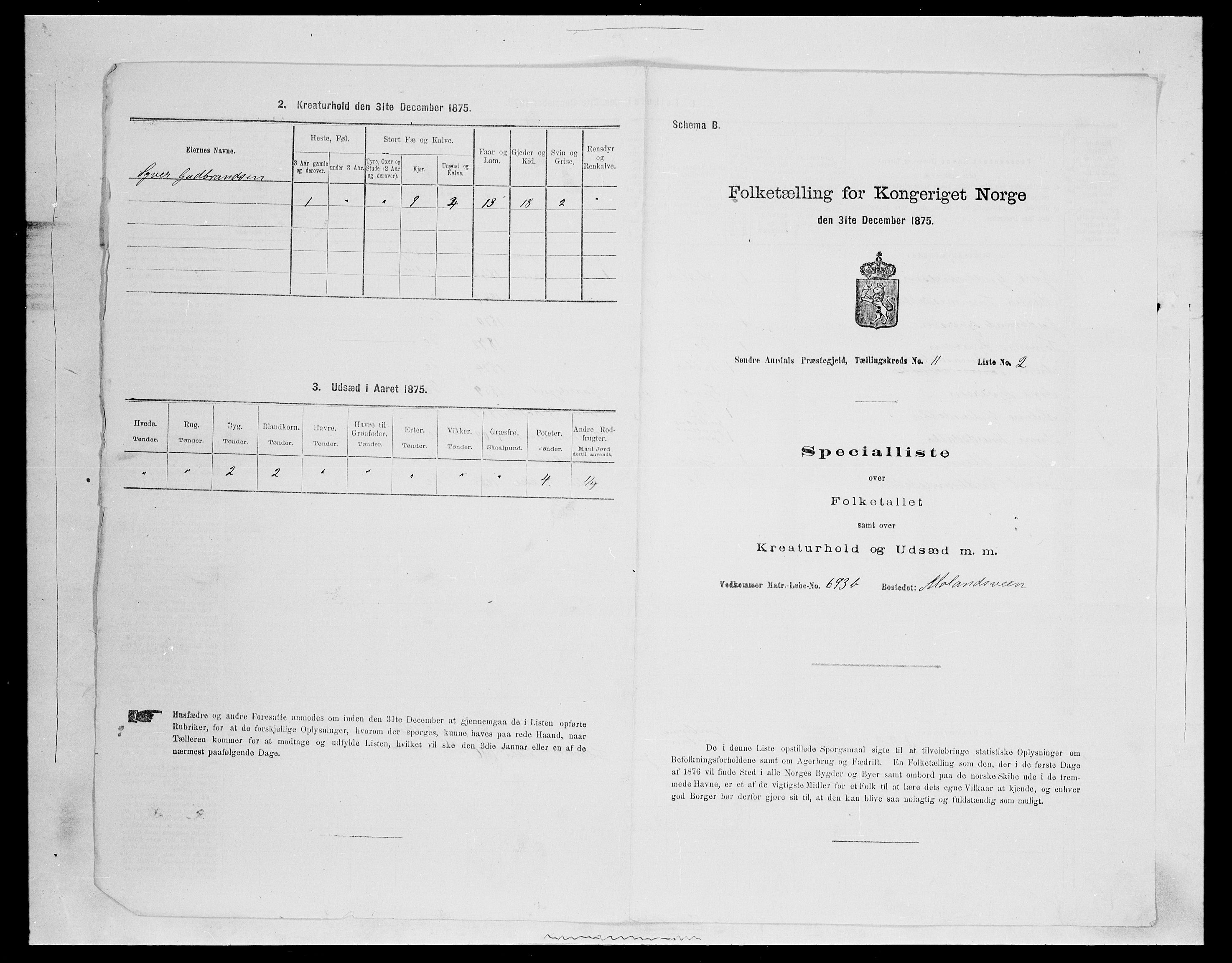 SAH, Folketelling 1875 for 0540P Sør-Aurdal prestegjeld, 1875, s. 1849